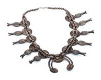 Navajo Coin and Turquoise Squash Blossom Necklace