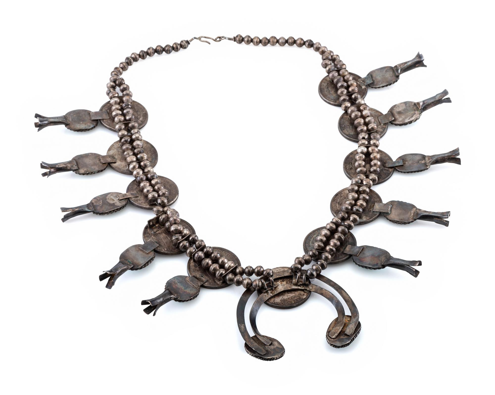 Navajo Coin and Turquoise Squash Blossom Necklace