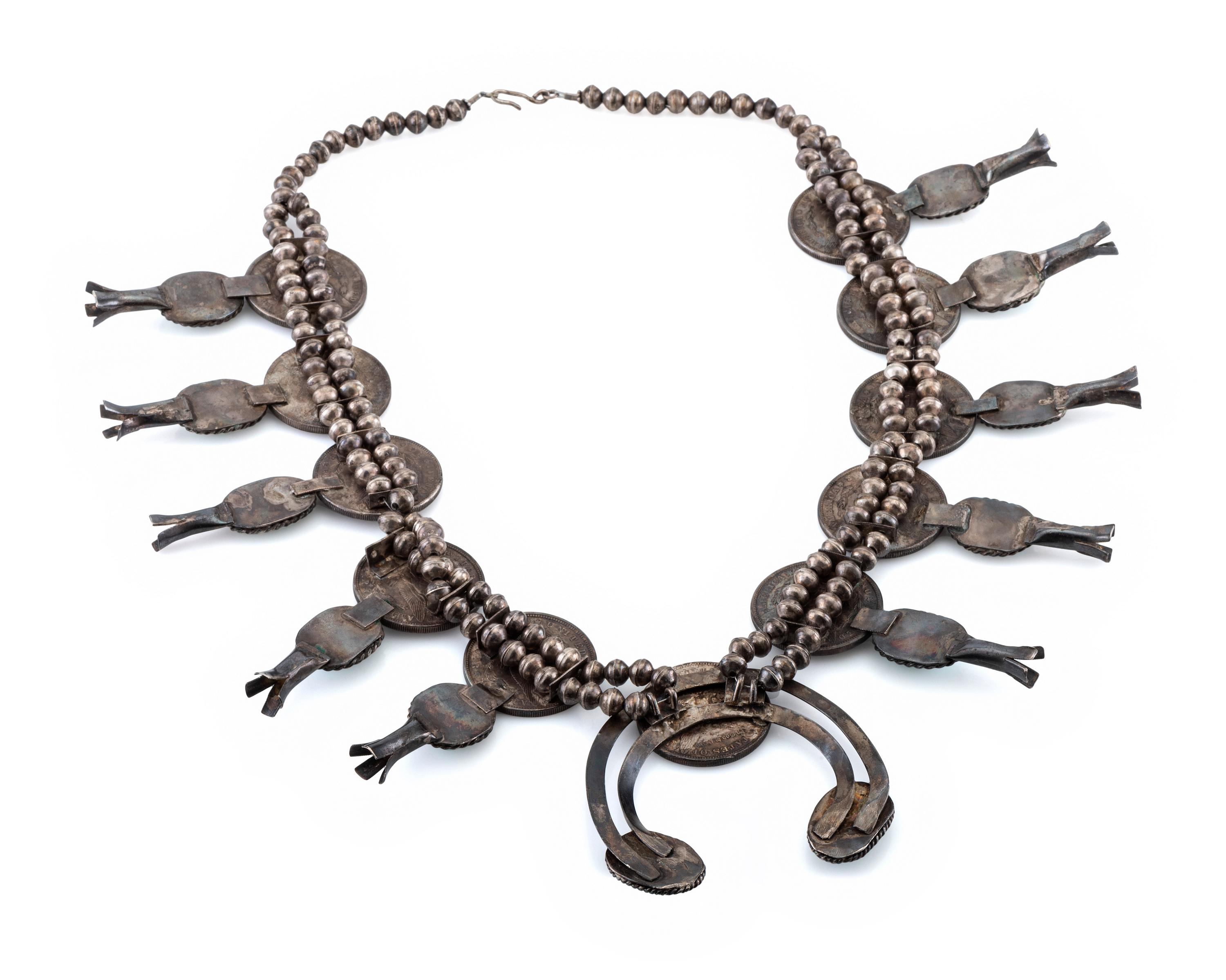Navajo Coin and Turquoise Squash Blossom Necklace