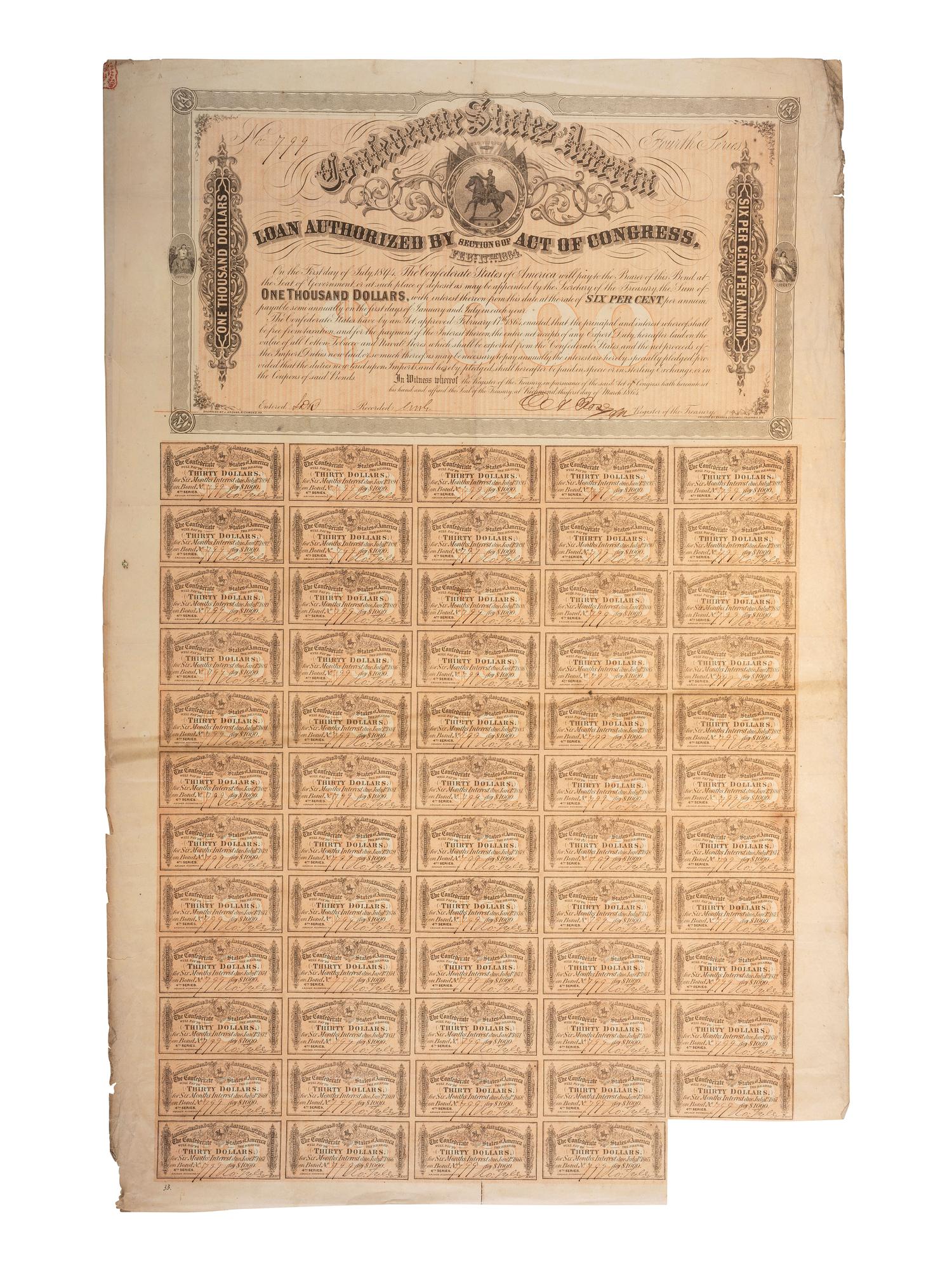 [CIVIL WAR]. A group of 5 items, incl. Confederate States of America $1000 bond sheet.