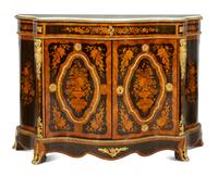A Napoleon III Gilt Bronze Mounted Marquetry Marble-Top Serpentine Cabinet