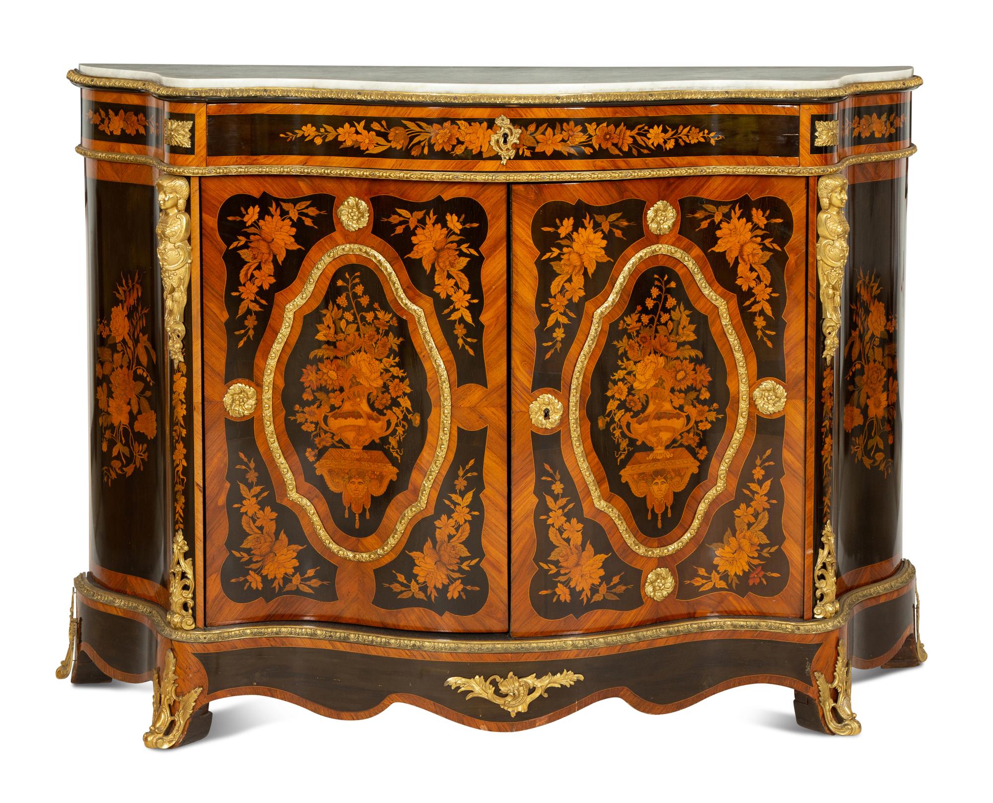 A Napoleon III Gilt Bronze Mounted Marquetry Marble-Top Serpentine Cabinet