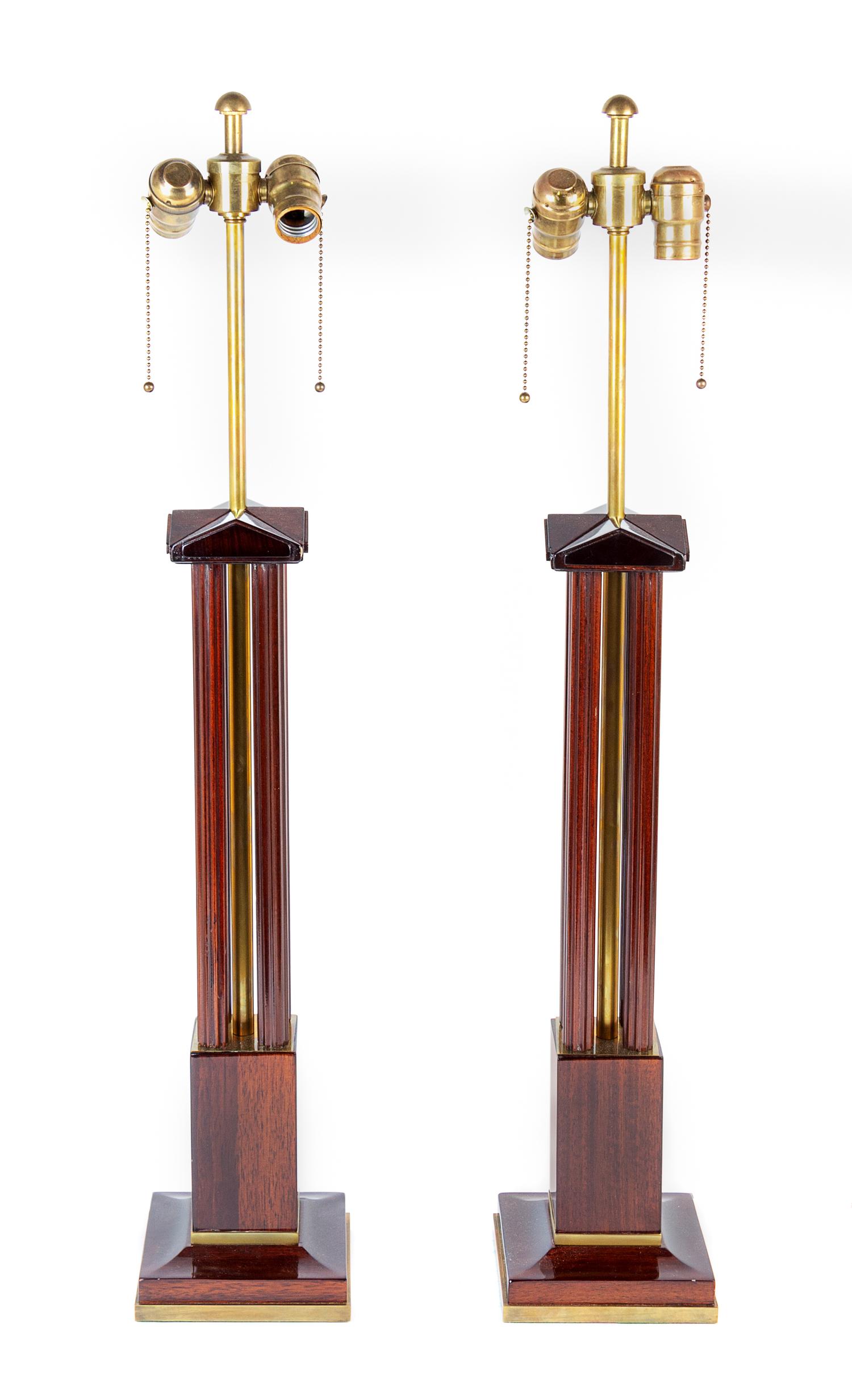 A Pair of Neoclassical Style Mahogany and Brass Table Lamps Height overall 34 1/2 inches. — 20TH CENTURY