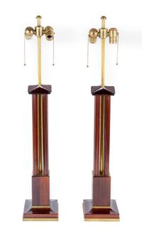 A Pair of Neoclassical Style Mahogany and Brass Table Lamps Height overall 34 1/2 inches. — 20TH CENTURY