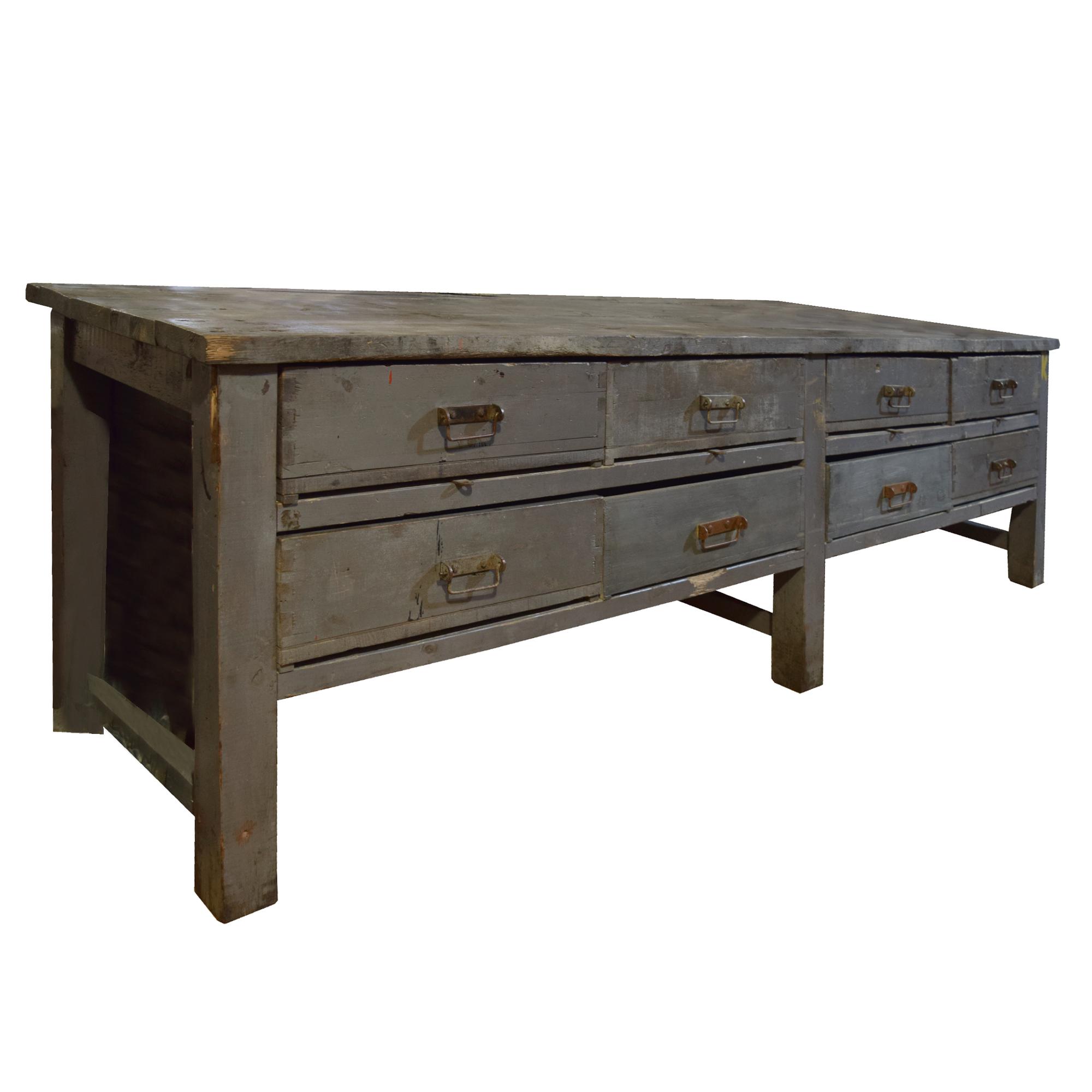 A Painted Eight Drawer Wood Console, from the Moto Guzzi Factory 122" W x 31.25" D x 35.5" H — Italy, 20th Century