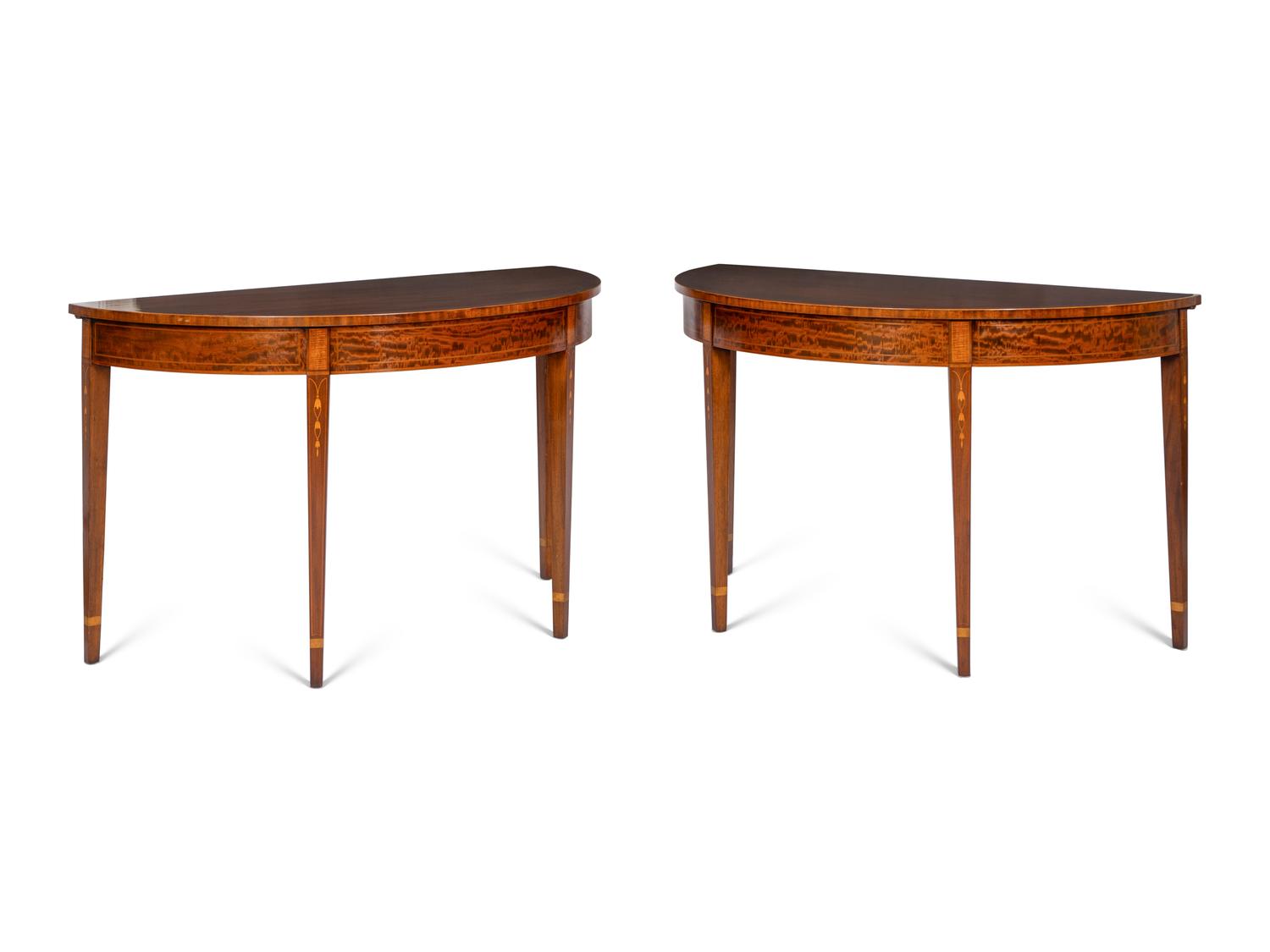 A Pair of English Satinwood-Inlaid Mahogany Demilune Serving Tables