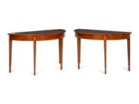A Pair of English Satinwood-Inlaid Mahogany Demilune Serving Tables