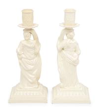 A Pair of English Creamware Figural Candlesticks