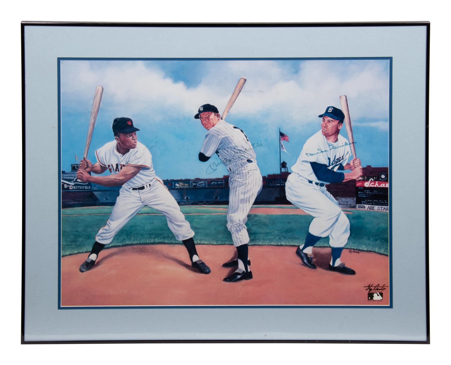 A Willie Mays, Mickey Mantle and Duke Snider Signed Flip Amato Print,