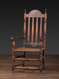 A William and Mary Style Parcel Gilt and Red Painted, Fan-Carved Bannister Back Woven Splint Seat Armchair