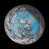 A Pair of Very Large Japanese Cloisonne "Hawks and Sparrows" Chargers, Meiji Period