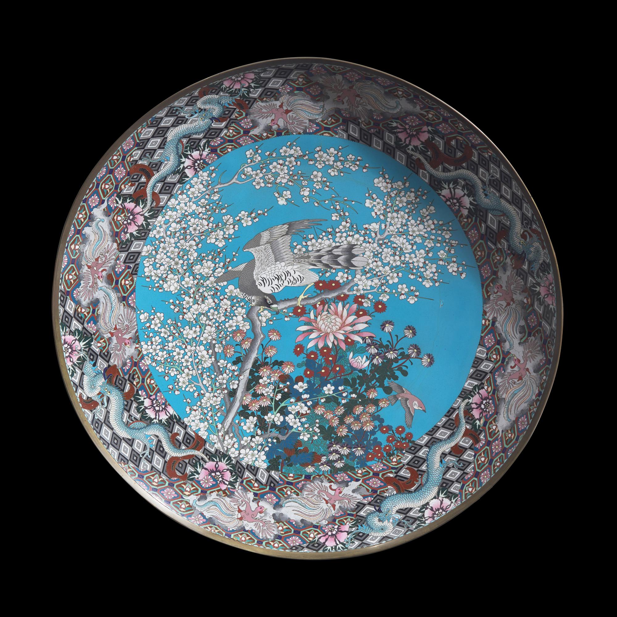 A Pair of Very Large Japanese Cloisonne "Hawks and Sparrows" Chargers, Meiji Period