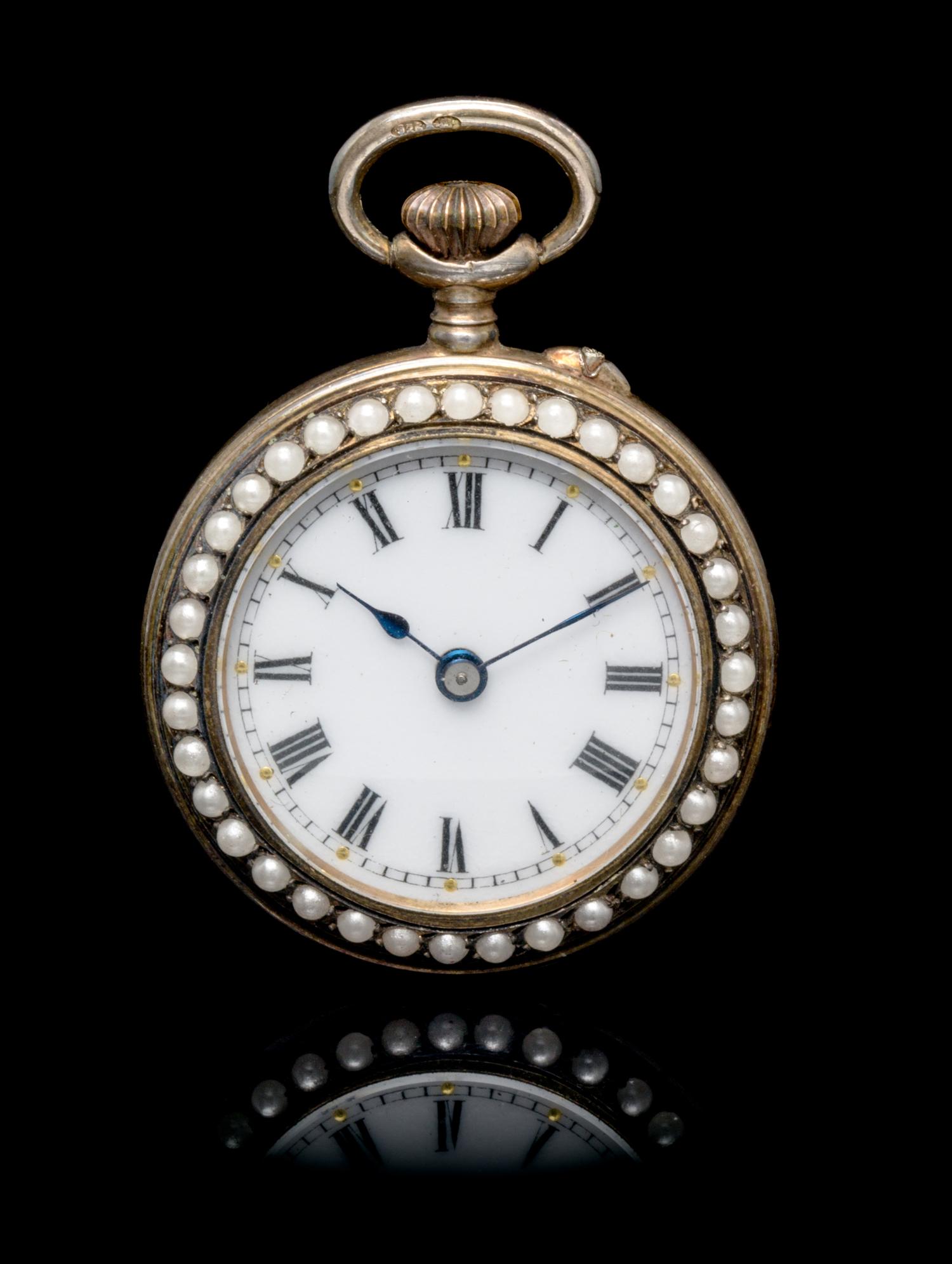 A Silver Gilt, Enamel and Faux Pearl Open Face Pendant Pocket Watch,