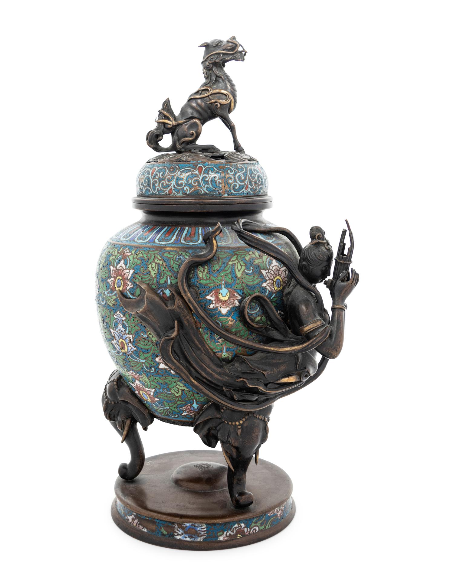 A Japanese Champlevé Enamel Tripod Incense Burner and Cover