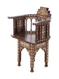 A Syrian Mother-of-Pearl and Metal Inlaid Walnut Armchair