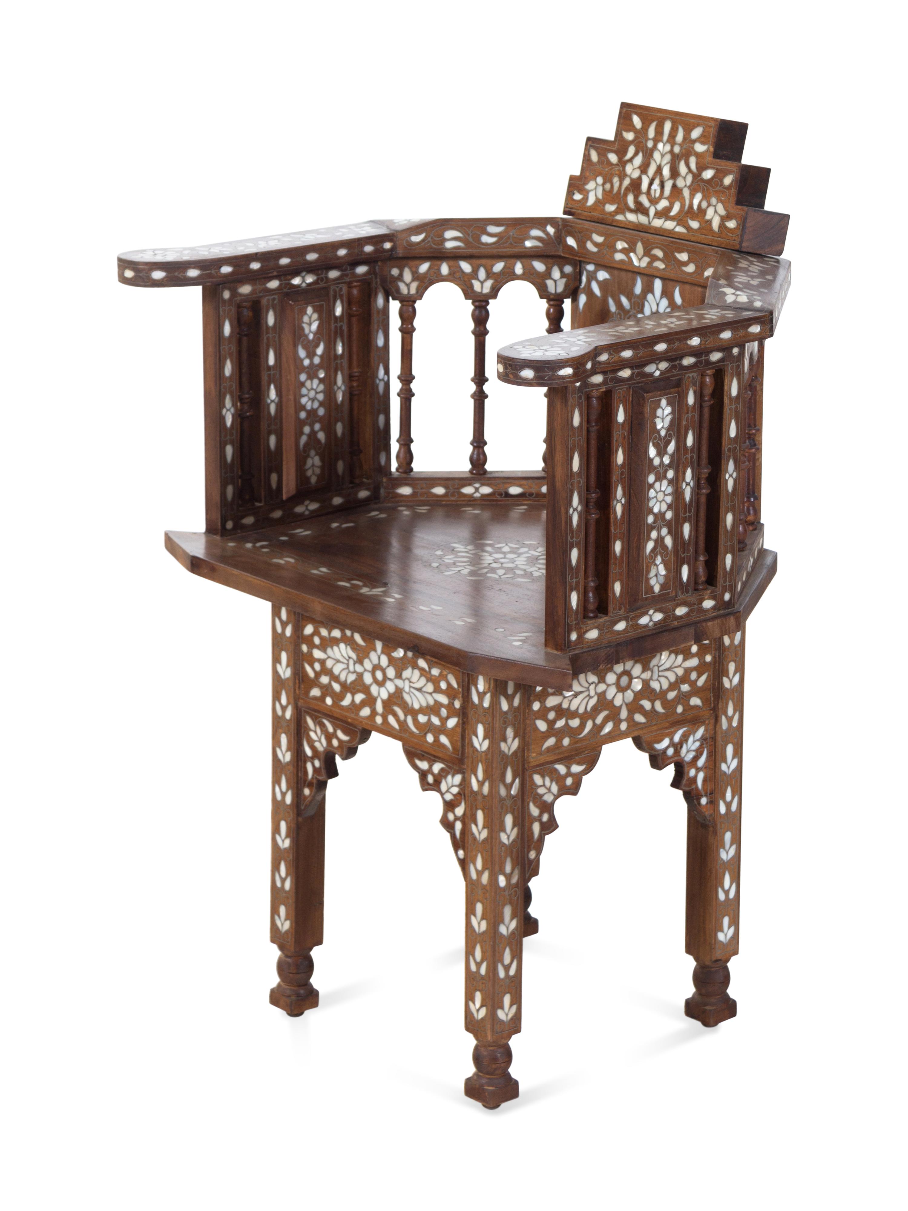 A Syrian Mother-of-Pearl and Metal Inlaid Walnut Armchair