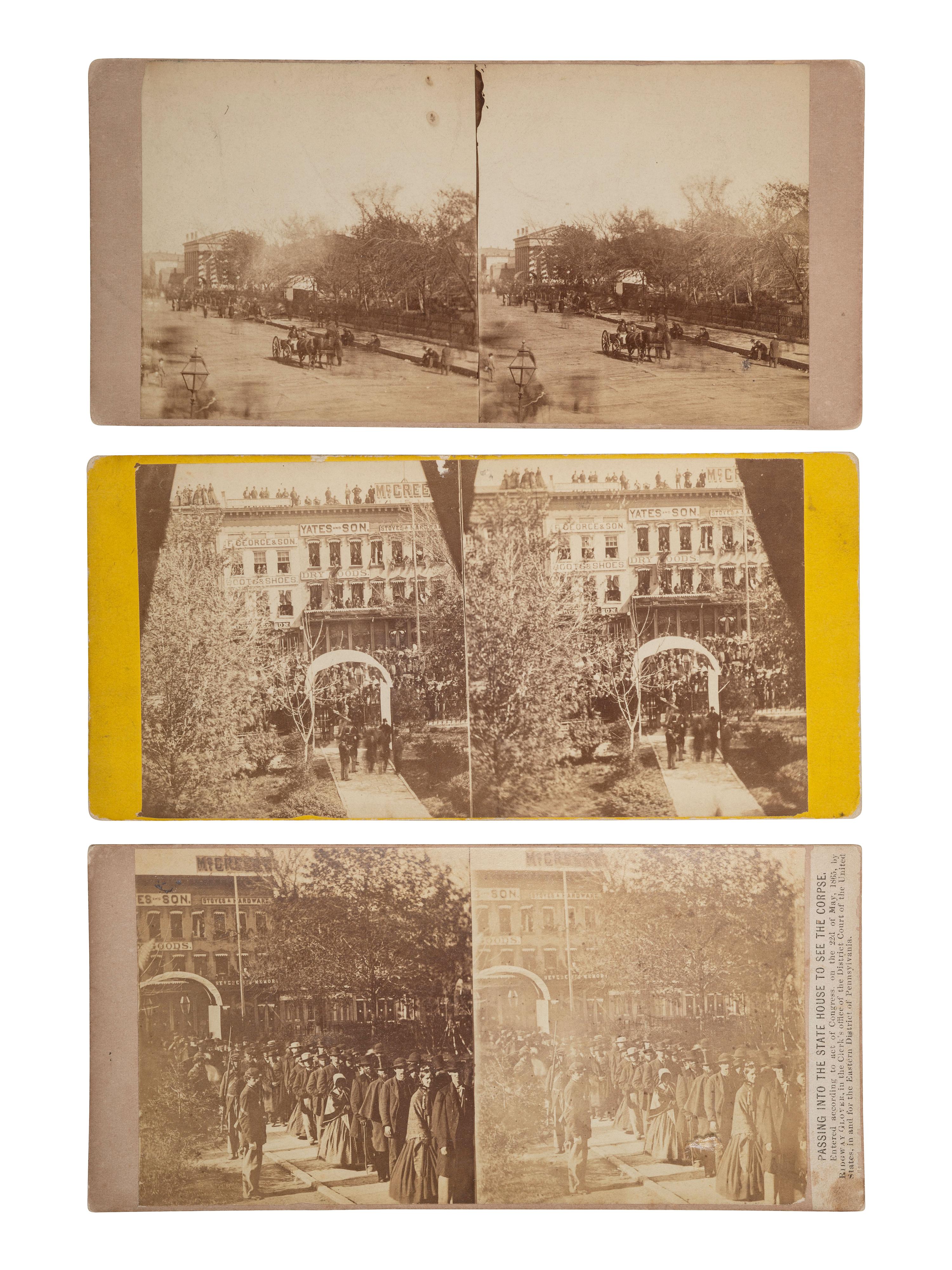 [LINCOLN, Abraham (1809-1865)]. The Lincoln funeral in SPRINGFIELD. 6 stereoviews featuring the procession and buildings draped in mourning.