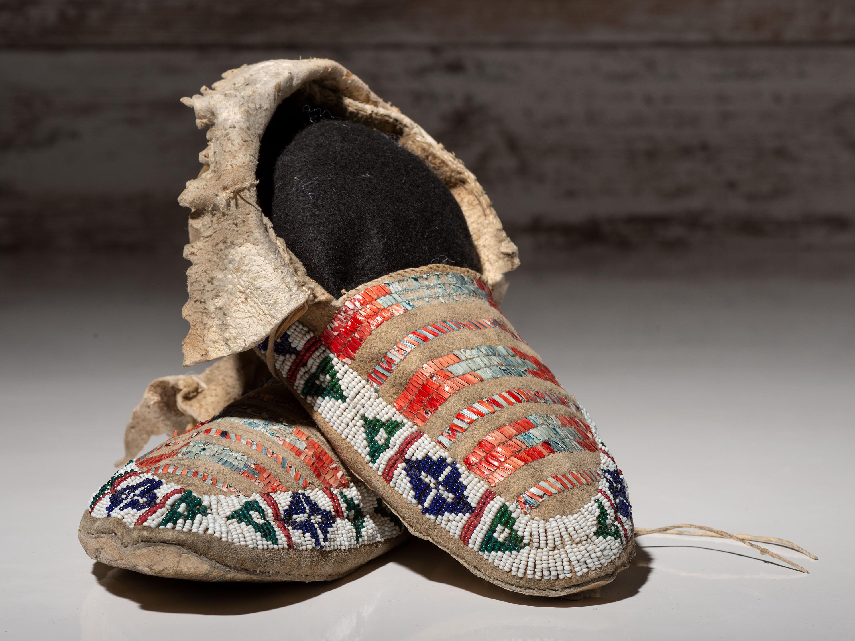 Northern Plains Beaded and Quilled Moccasins, with Painted Parfleche Soles