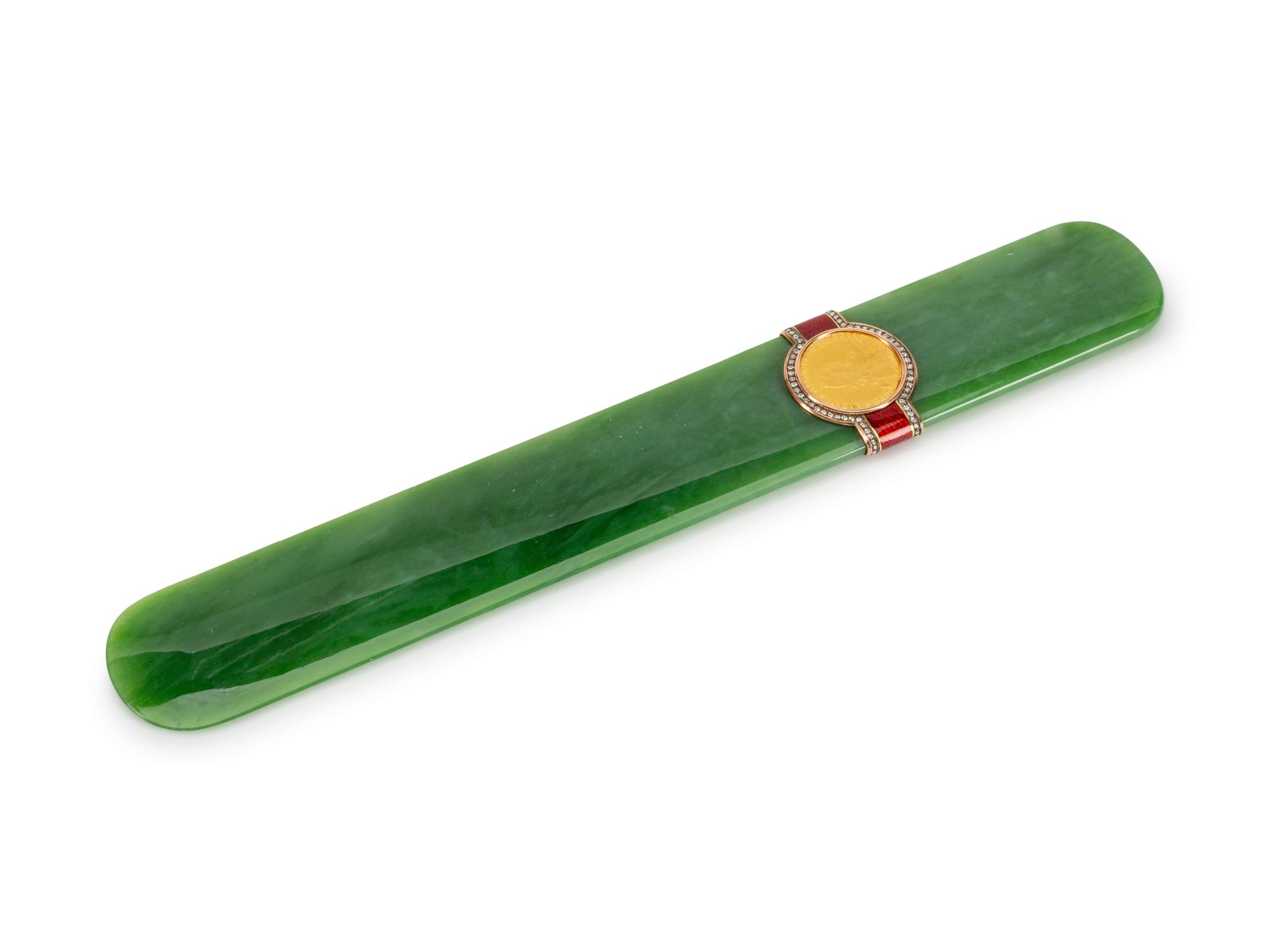 A Gold, Diamond and Enamel-Mounted Spinach Jade Letter Opener