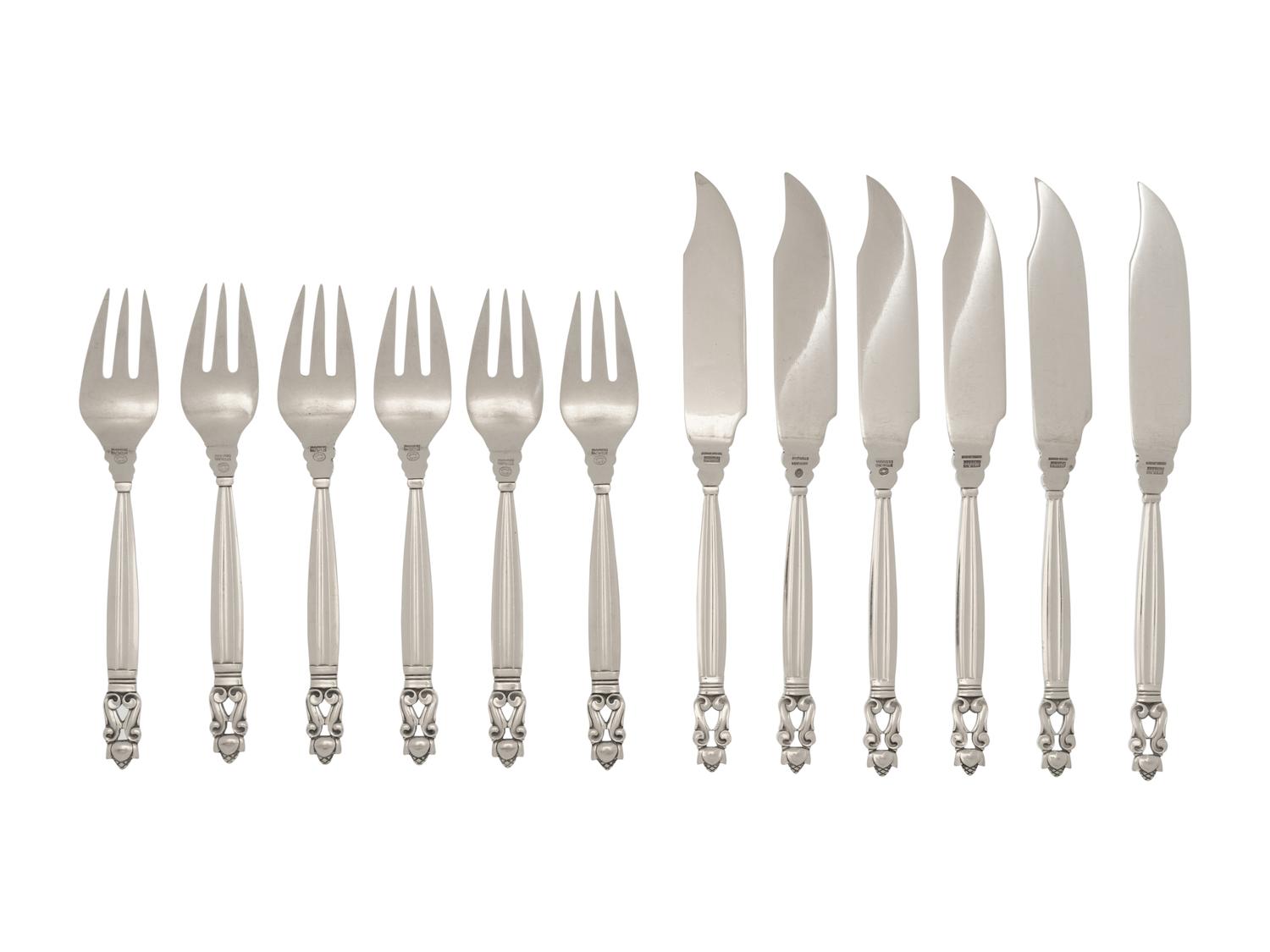 A Georg Jensen Acorn Silver Fish Service for Six