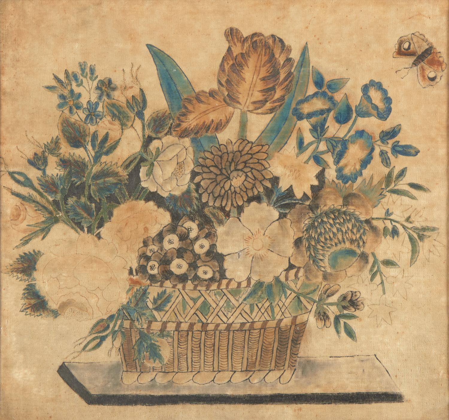 American School 19th Century, Eliza Annie Dunster (19th Century), A Theorem: Basket with Flowers