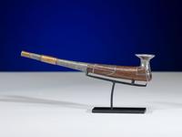 Siberian Yupik Wood Pipe, with Brass and Pewter Inlay