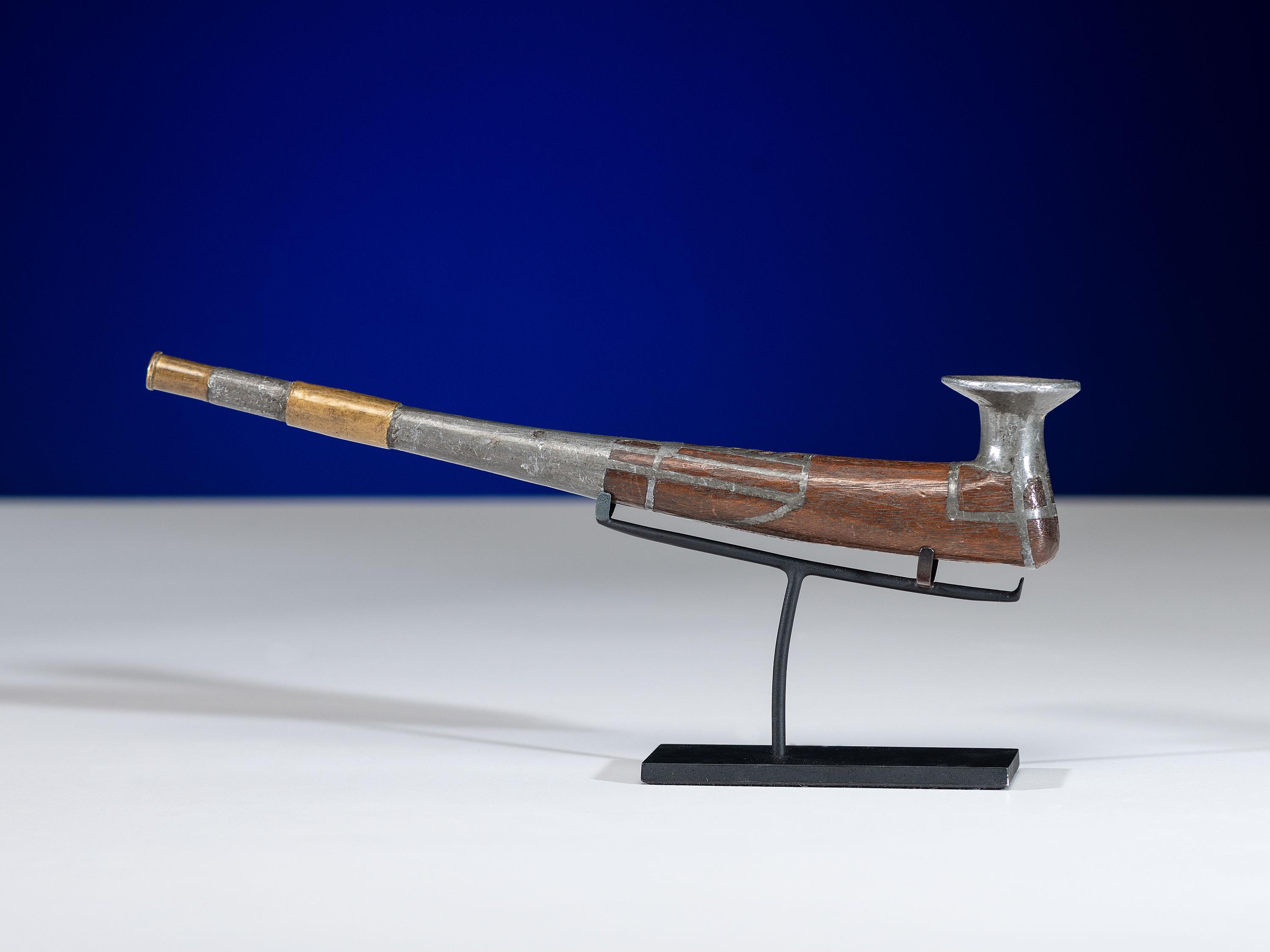 Siberian Yupik Wood Pipe, with Brass and Pewter Inlay
