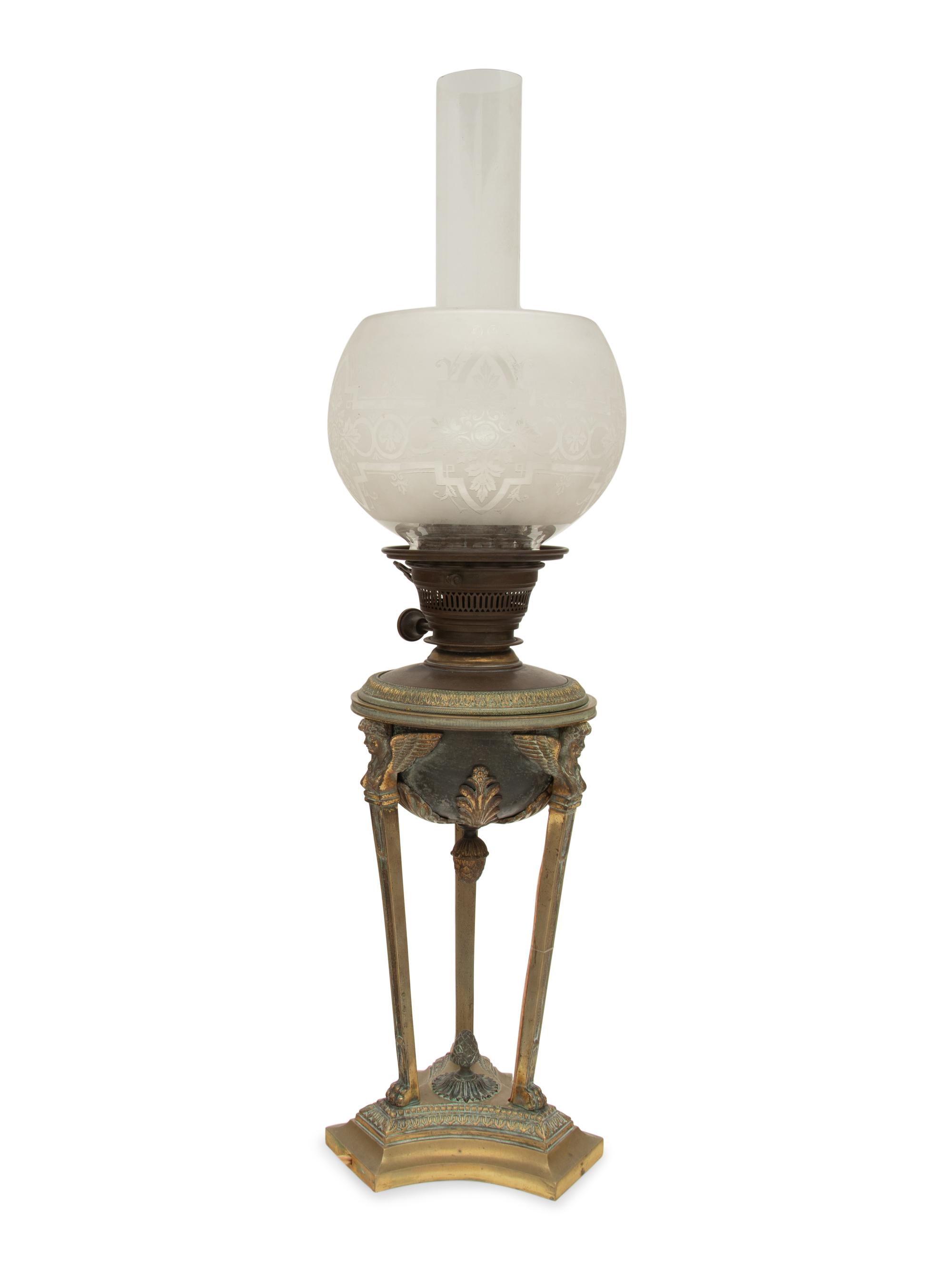A French Gilt Bronze and Tôle Cassolette Mounted as a Lamp with a Frosted Glass Shade