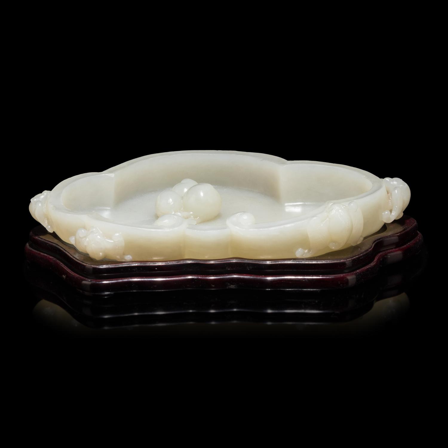 A Chinese White Jade 'Peach and Bat' Washer 白玉云蝠壽桃紋筆洗
