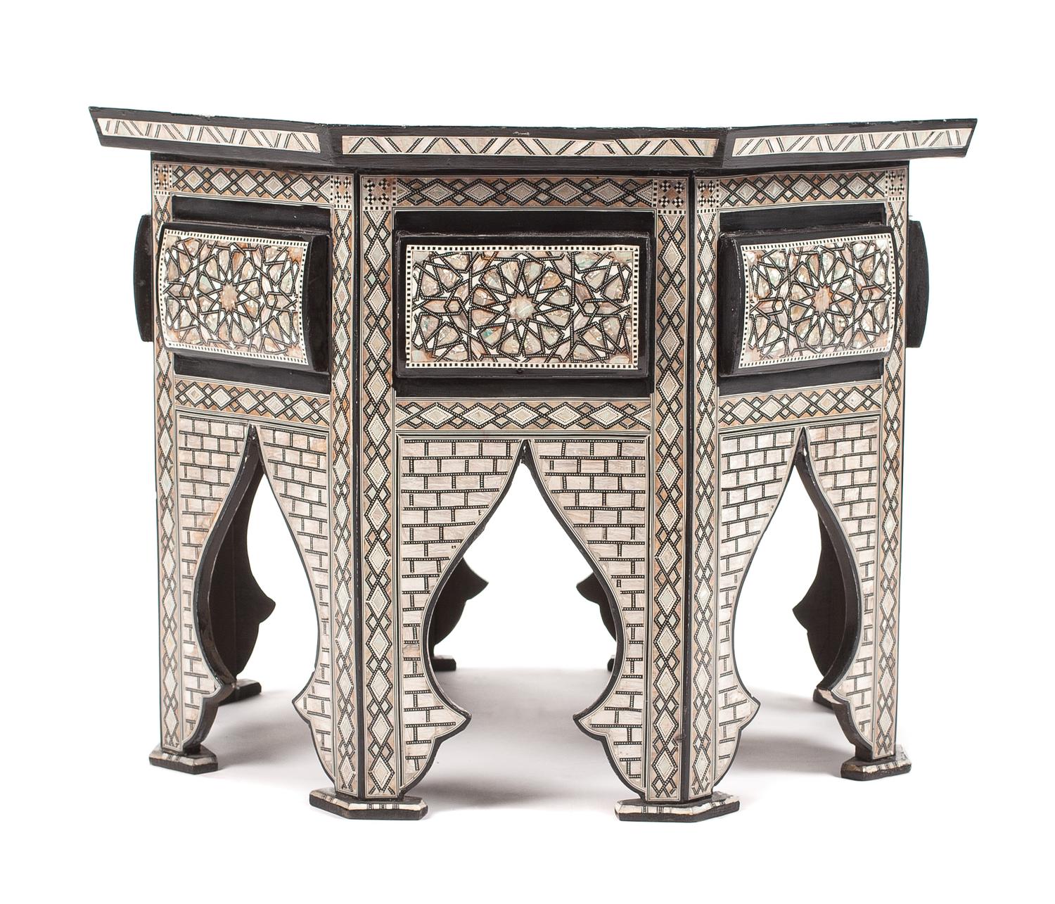 A Moorish Style Mother-of-Pearl Inlaid Table Height 22 1/2 x width 31 1/2 inches. — 20TH CENTURY