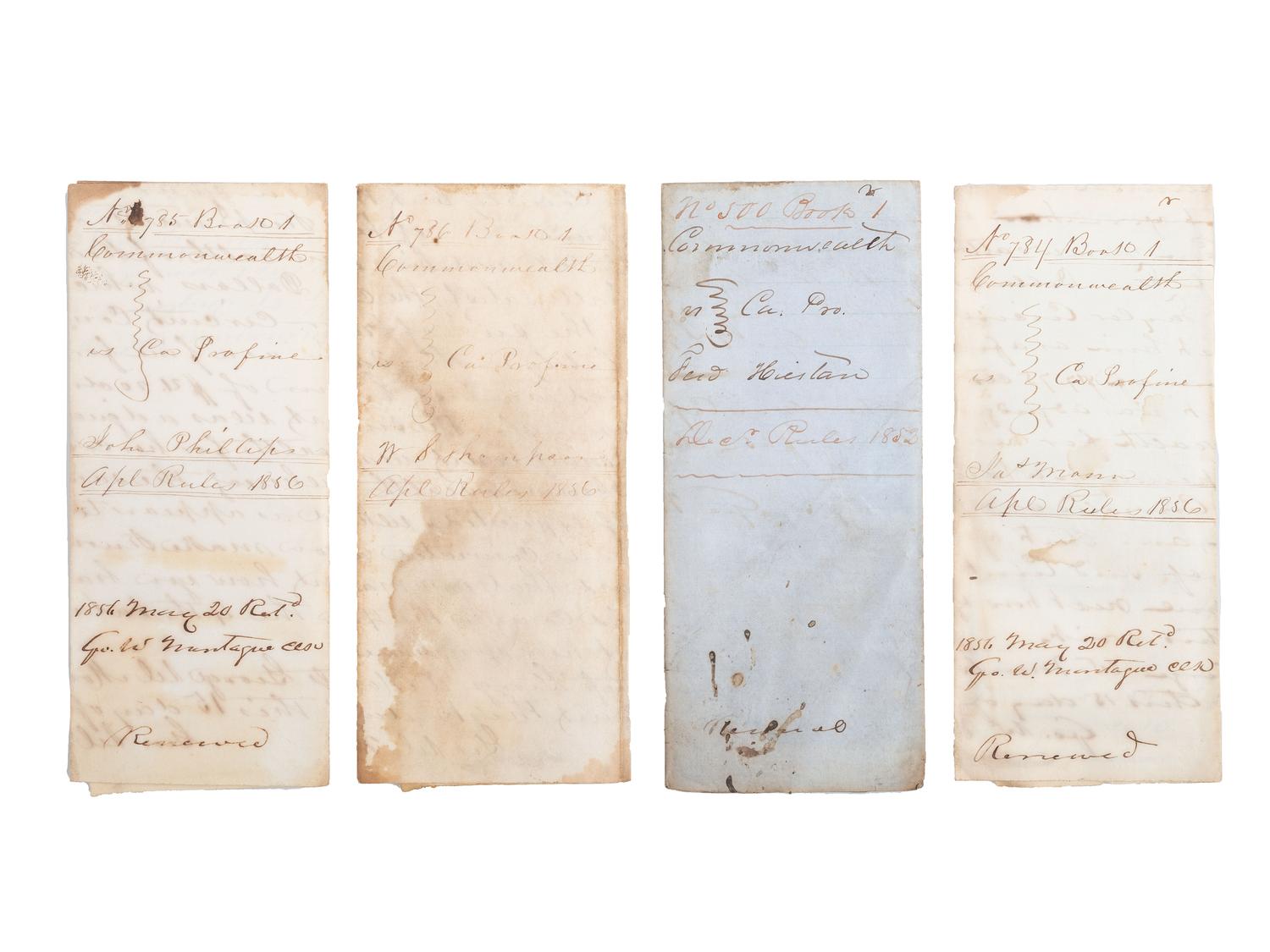 [SLAVERY & ABOLITION]. A group of court documents from Kentucky highlighted by a writ of execution against William I. Thompson for "gambling with [a] negro." Taylor County, Kentucky. 15 March 1856.