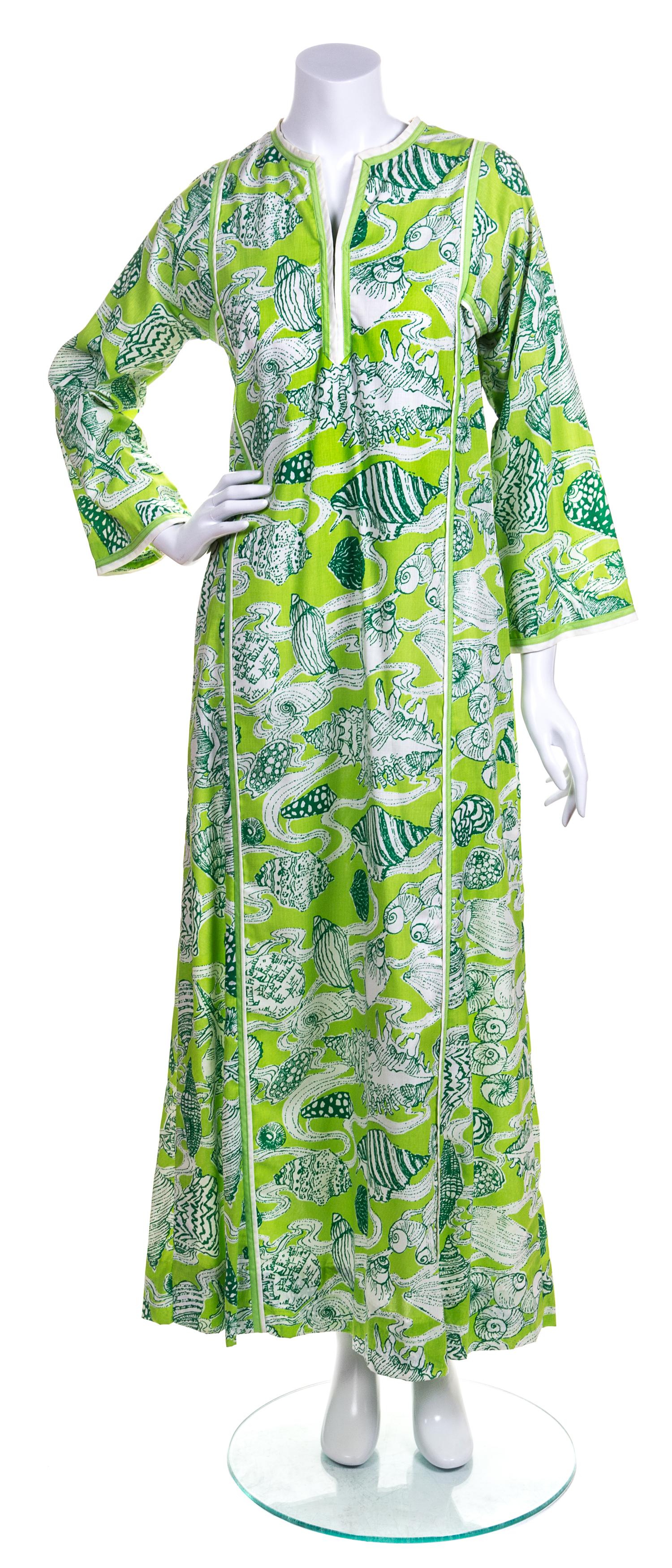 A Lilly Pulitzer Green and White Floor Length Caftan, Size S.