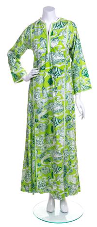 A Lilly Pulitzer Green and White Floor Length Caftan, Size S.