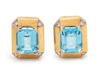 A Pair of 18 Karat Yellow Gold, Topaz and Diamond Earclips,