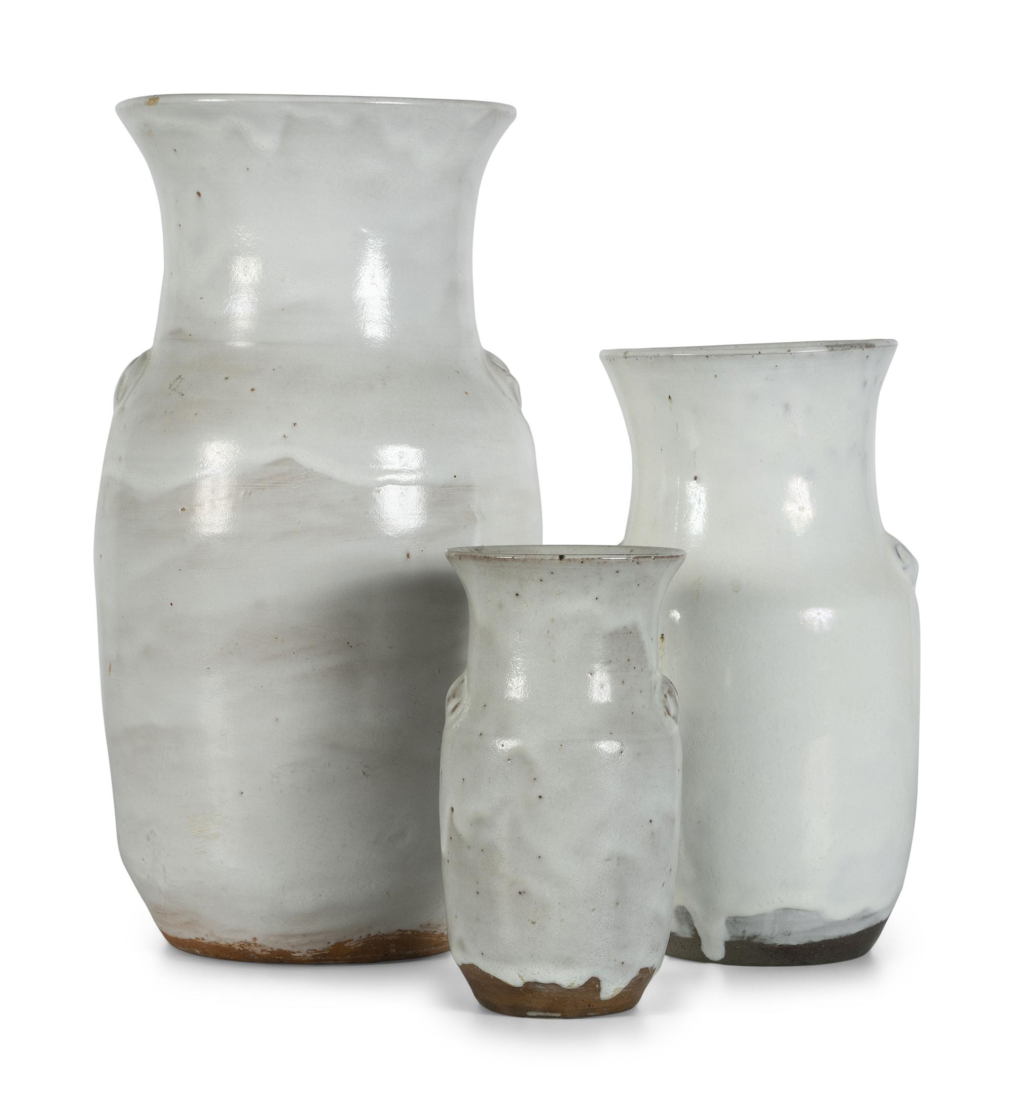 Three Jugtown Pottery White Dogwood Vases