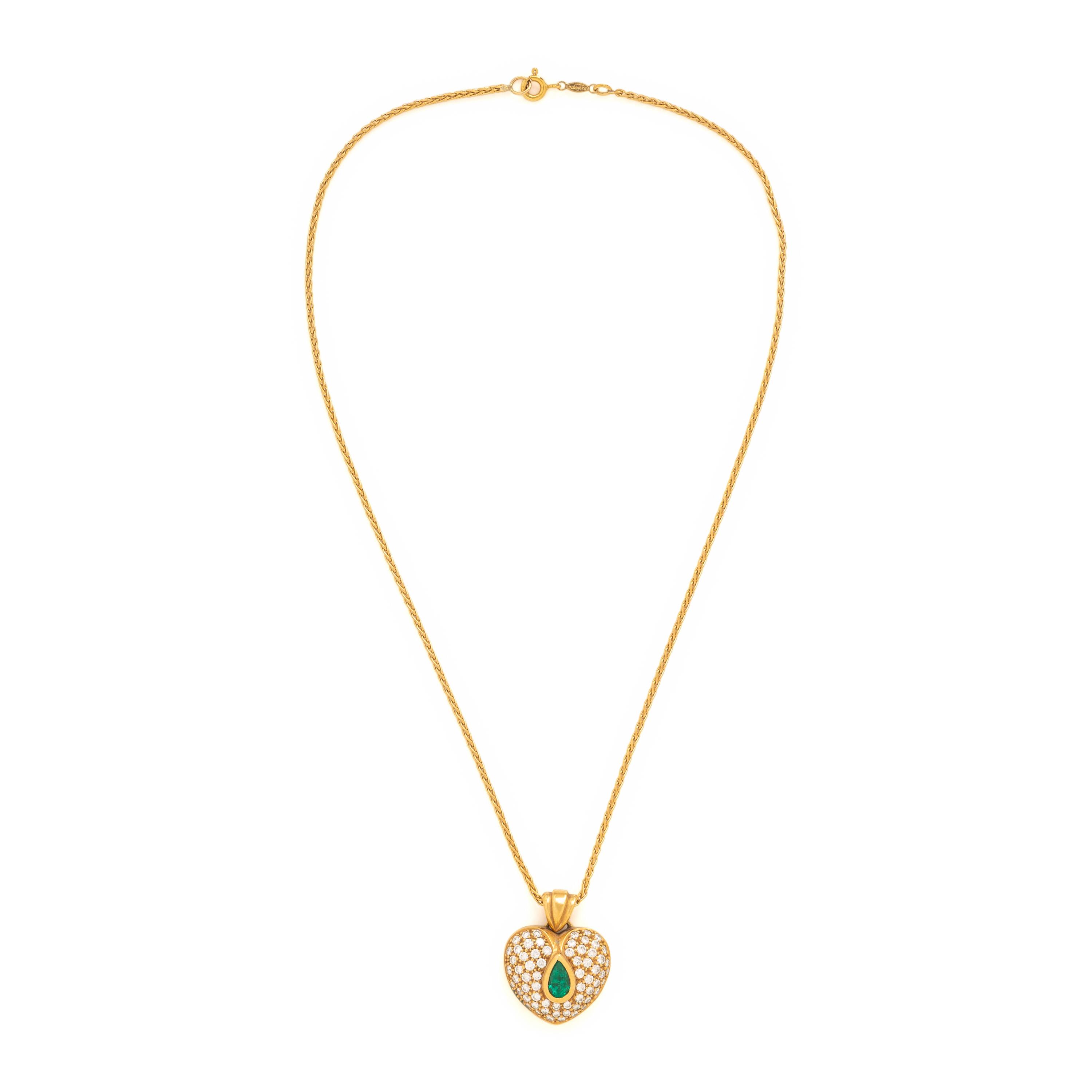 Emerald, Diamond, and Yellow Gold Heart Pendant Necklace