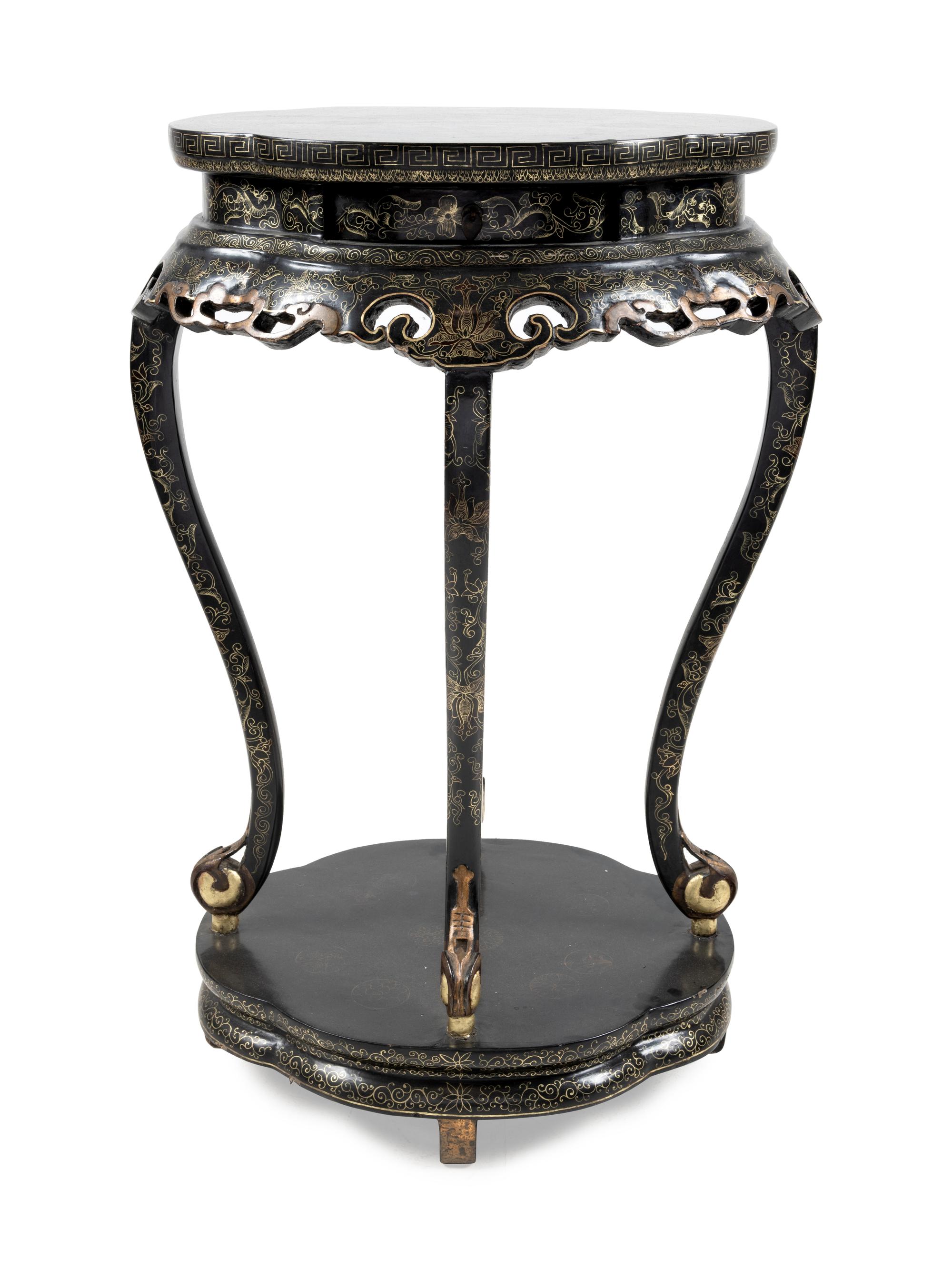 A Chinese Gilt Decorated Black Lacquered Side Stand