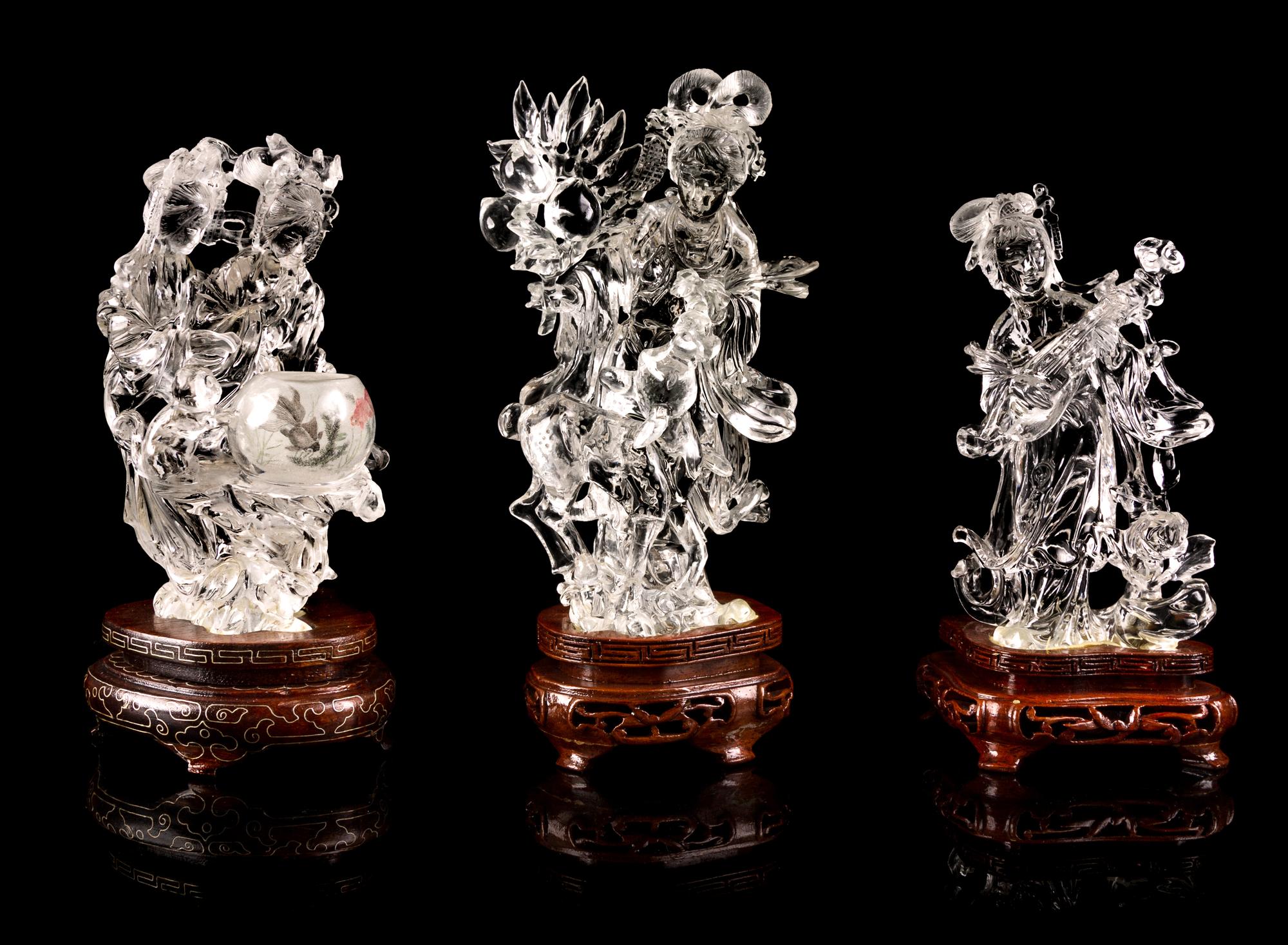 Three Chinese Rock Crystal Figures of Ladies