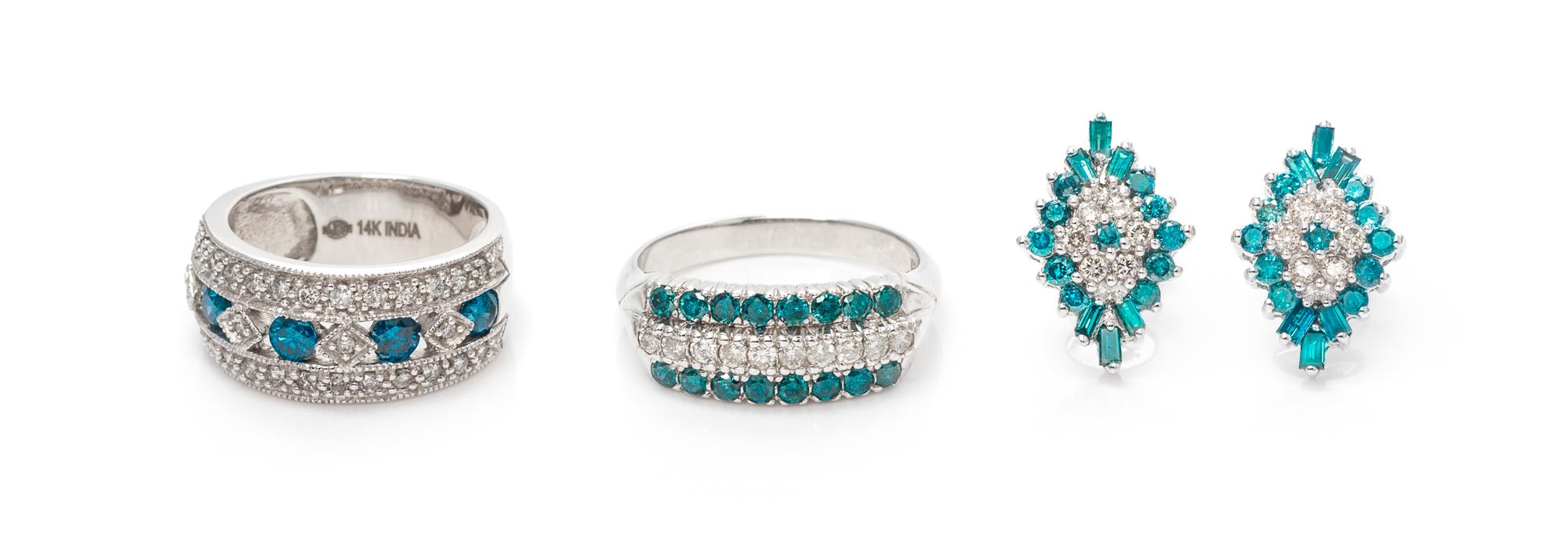 A Collection of 14 Karat White Gold, Treated Blue Diamond and Diamond Jewelry, 9.90 dwts.