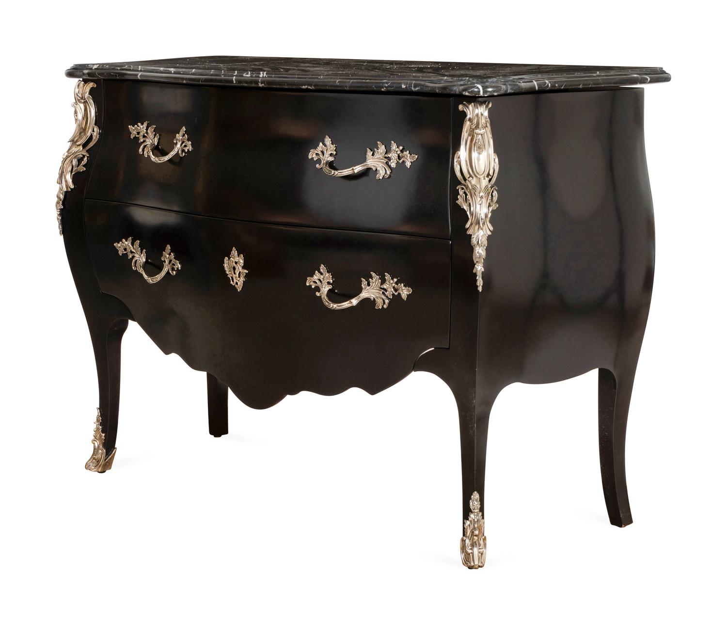 A Ralph Lauren Silvered Bronze-Mounted Marble-Top Ebonized Commode