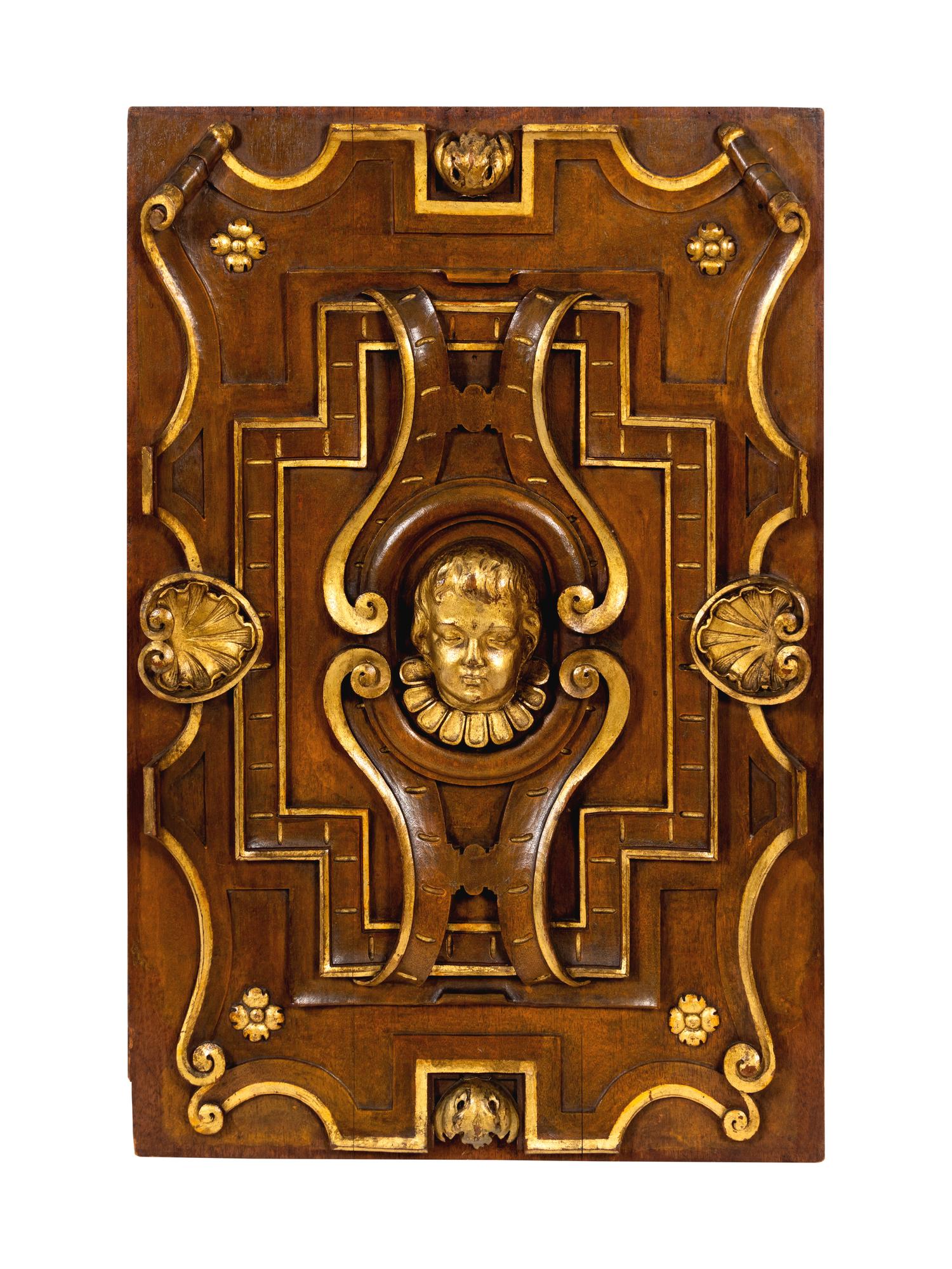 Six Italian Carved Walnut and Parcel Gilt Panels