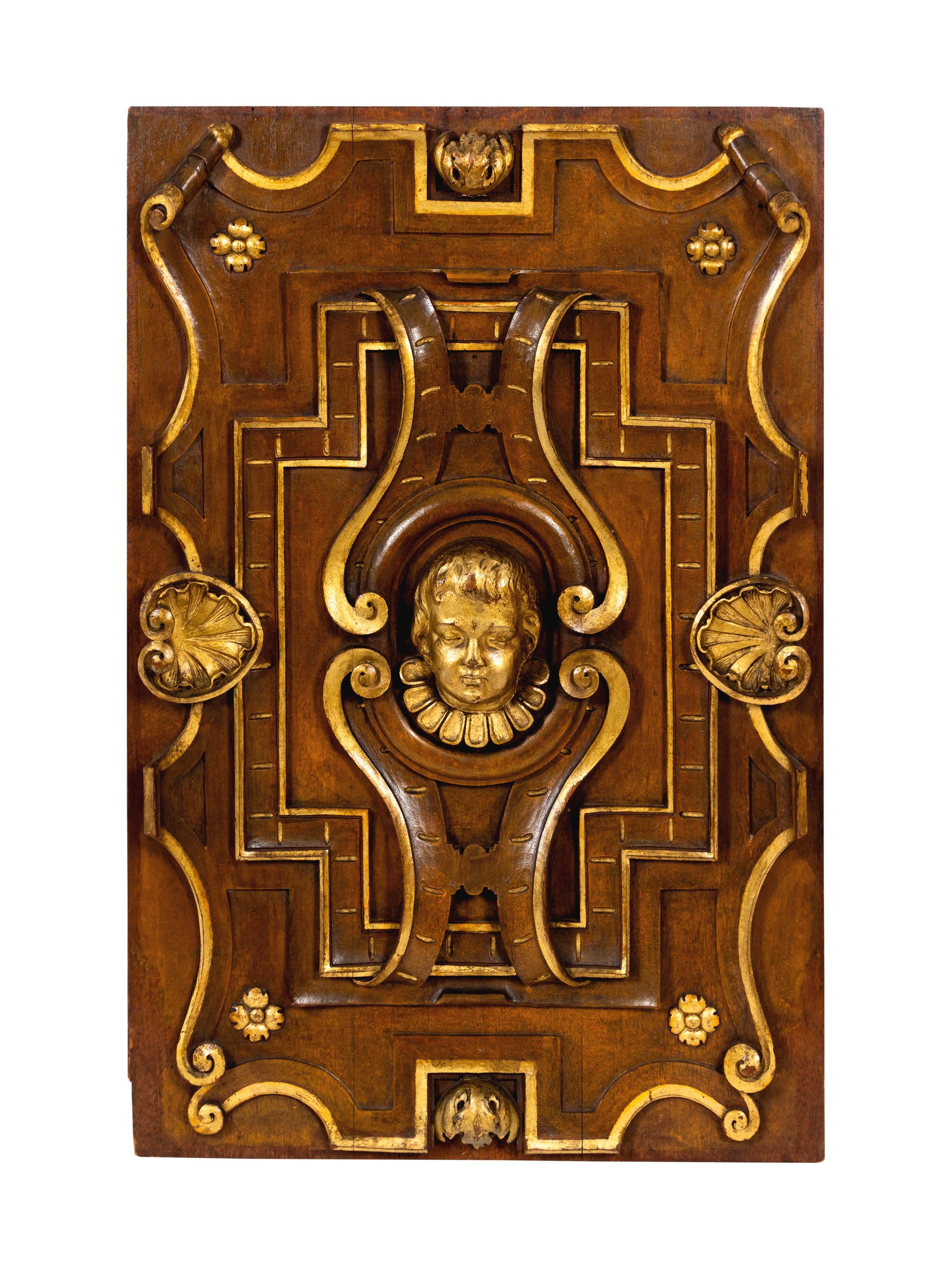 Six Italian Carved Walnut and Parcel Gilt Panels