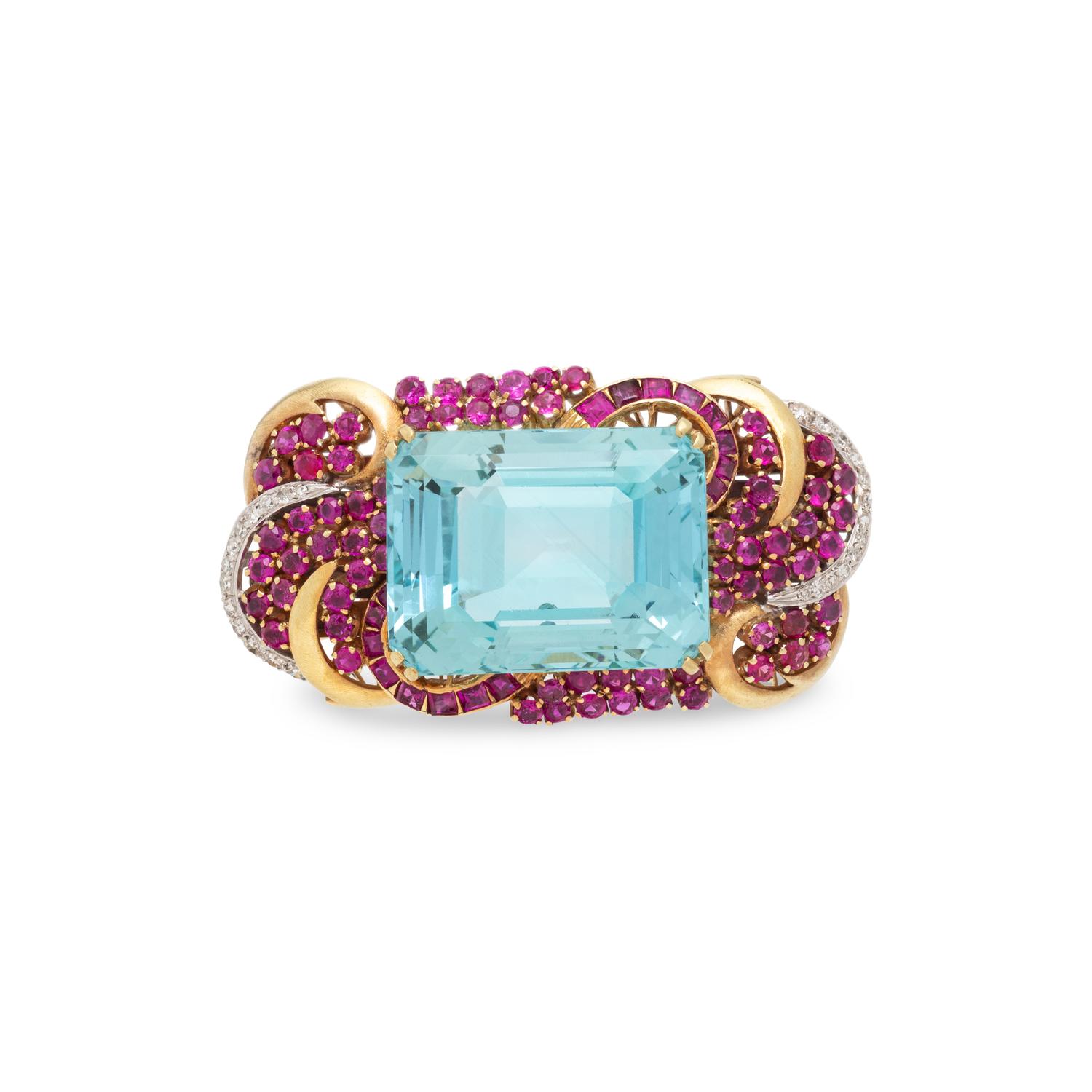 RETRO, AQUAMARINE, RUBY, AND DIAMOND BROOCH PENDANT