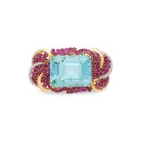 RETRO, AQUAMARINE, RUBY, AND DIAMOND BROOCH PENDANT