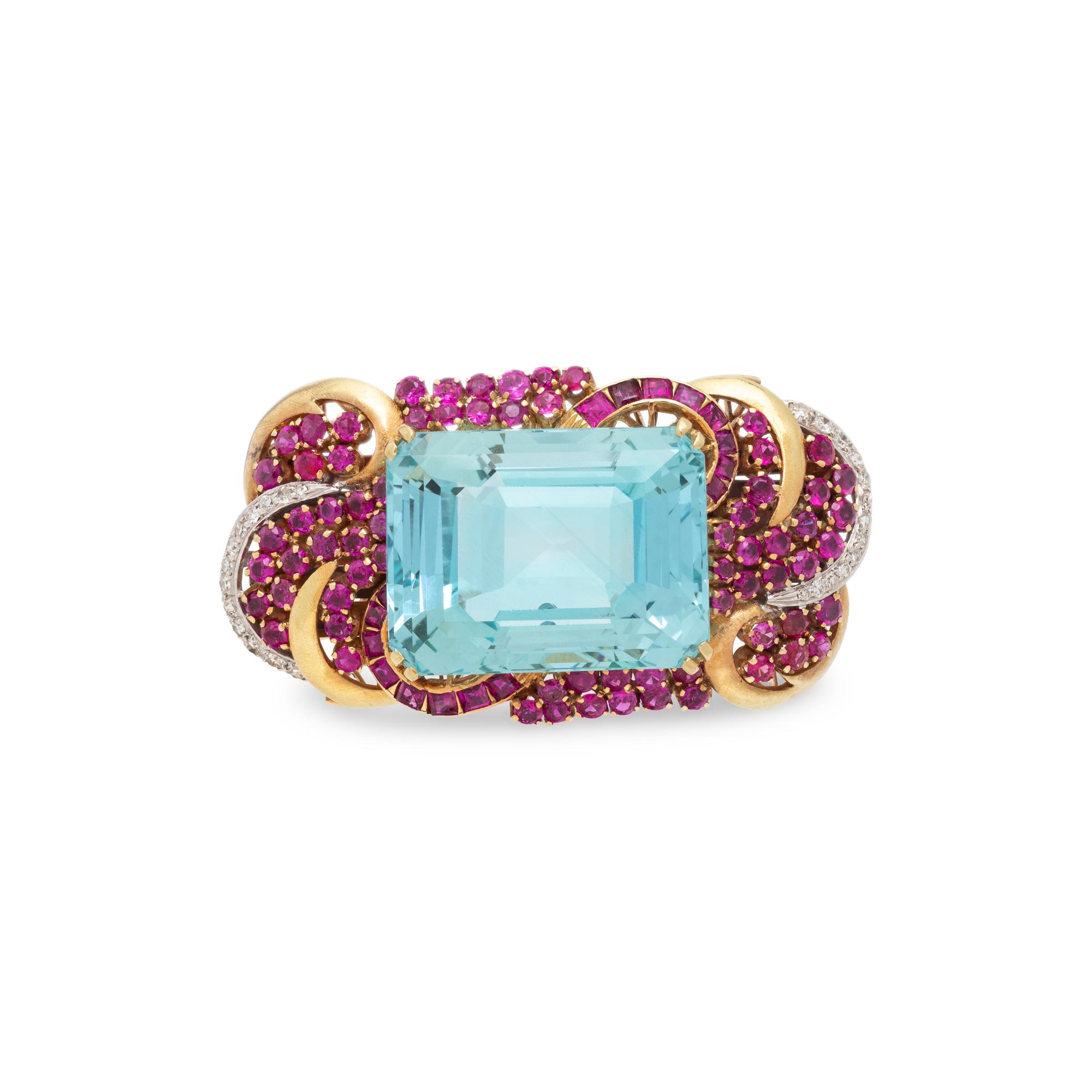 RETRO, AQUAMARINE, RUBY, AND DIAMOND BROOCH PENDANT