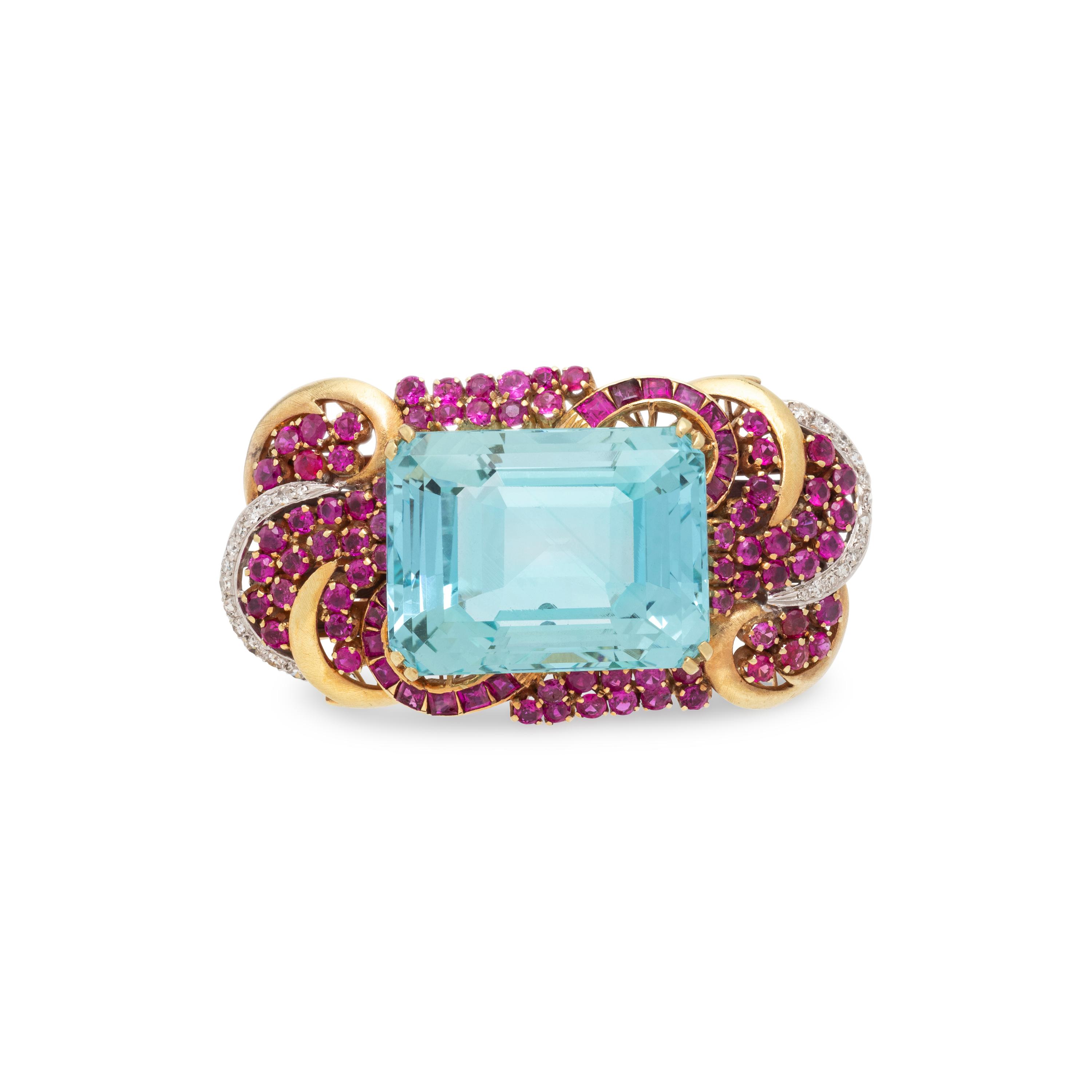 RETRO, AQUAMARINE, RUBY, AND DIAMOND BROOCH PENDANT