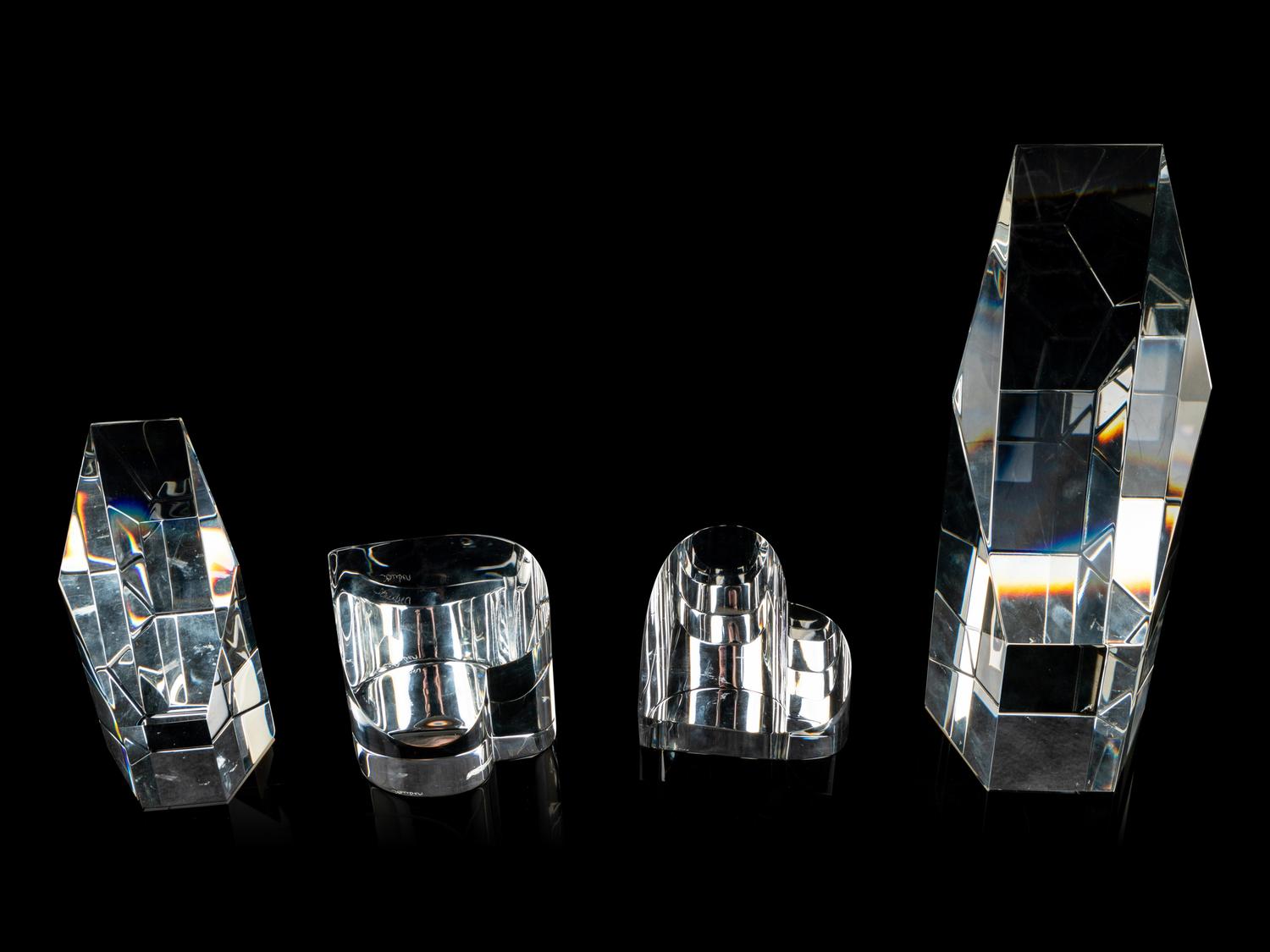 Two Heart Paperweights with Two Obelisk Forms