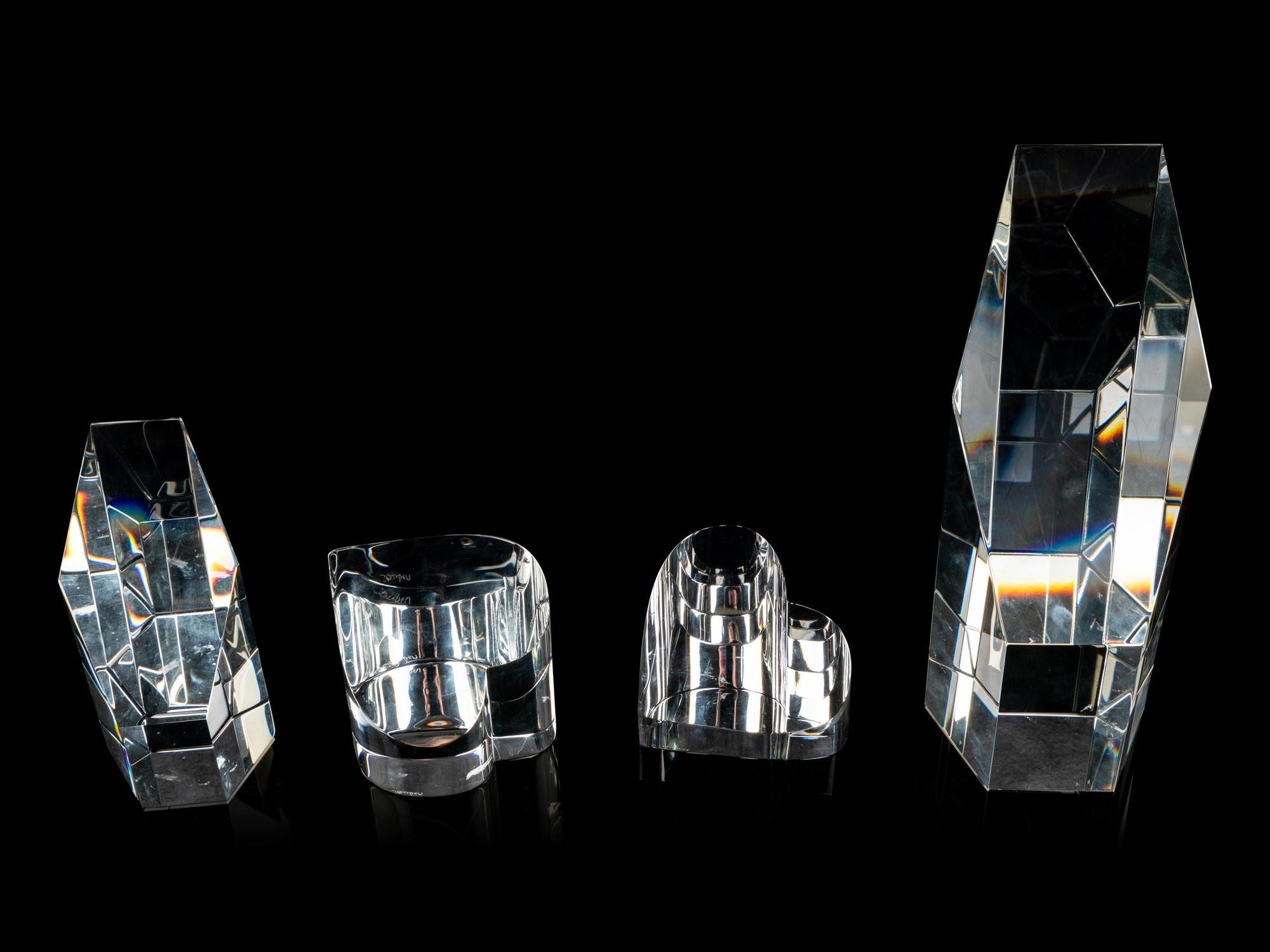 Two Heart Paperweights with Two Obelisk Forms