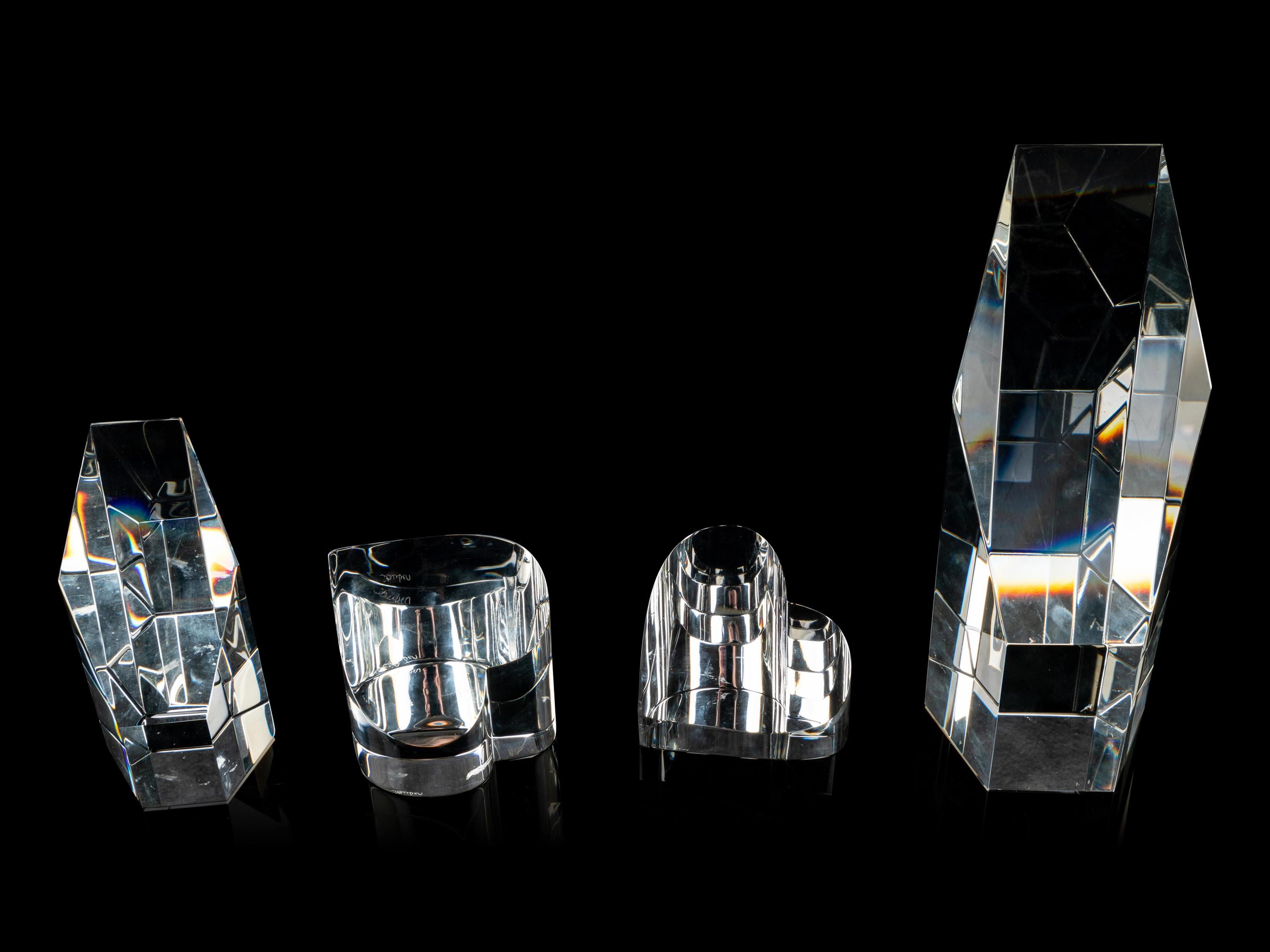 Two Heart Paperweights with Two Obelisk Forms