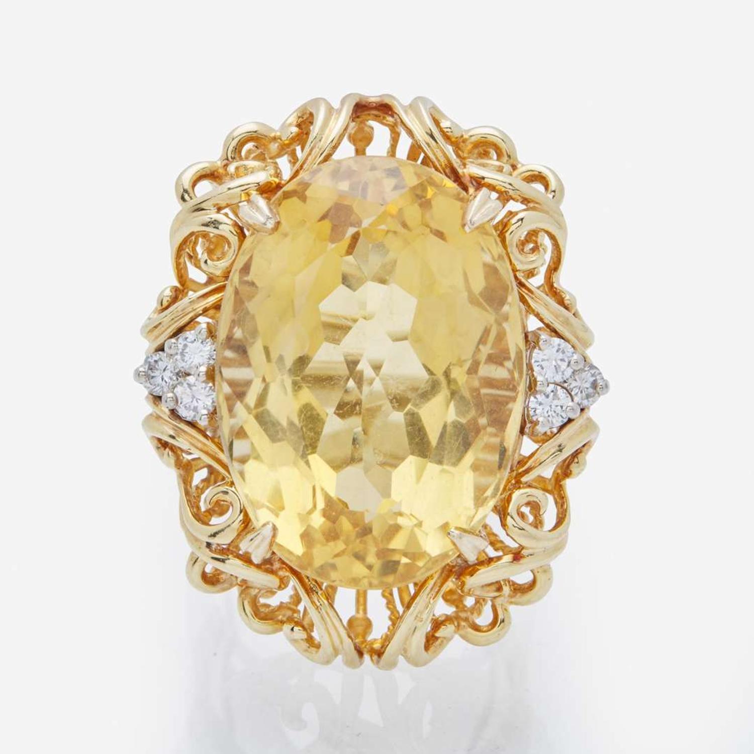 A 14K Yellow Gold, Citrine, and Diamond Ring